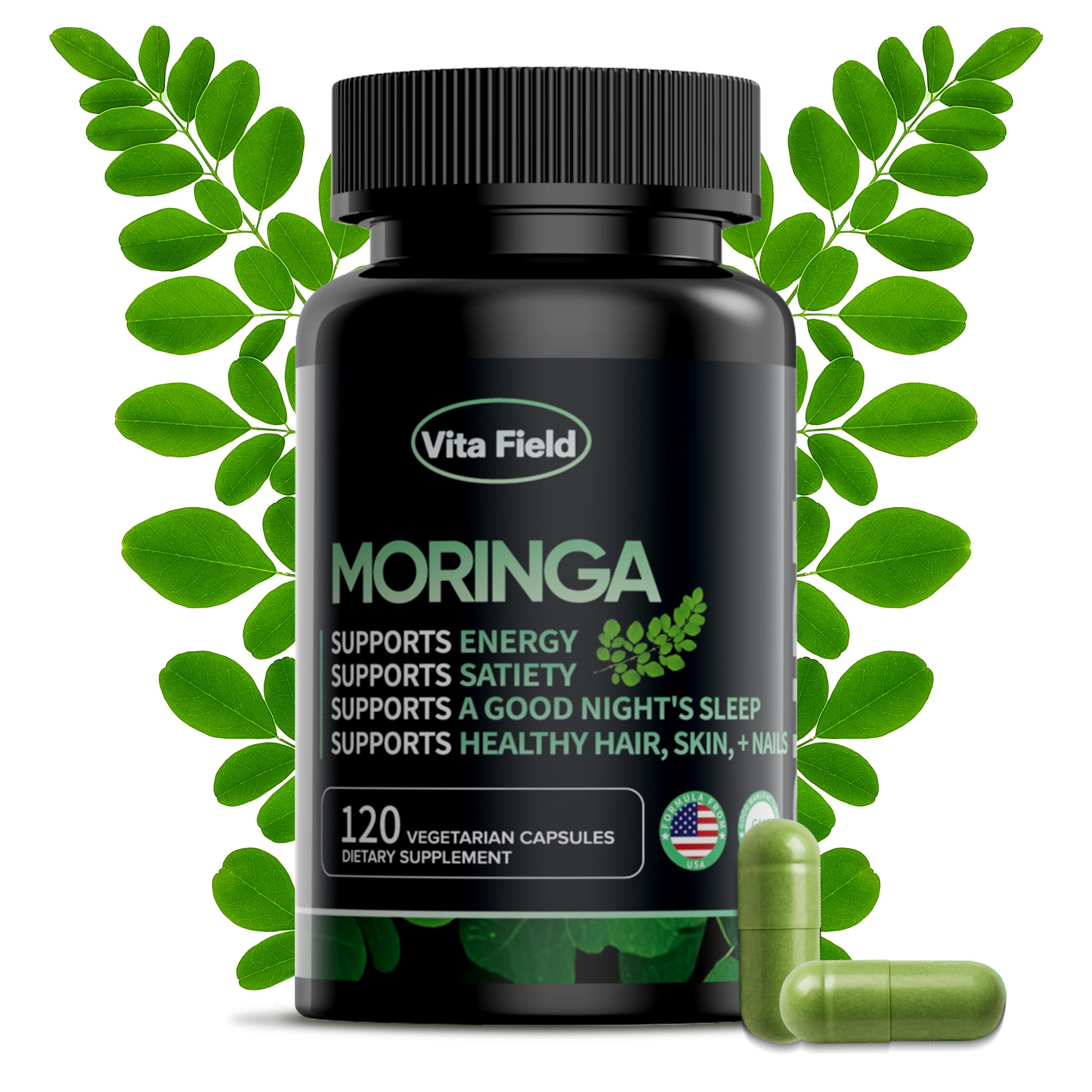 Vita Field Moringa Capsules | Pure Moringa Leaf Powder 1000mg Per Serving | 120 Capsules | Third-Party Tested, Non-GMO & Gluten-Free | Supports Natural Energy & Vitality