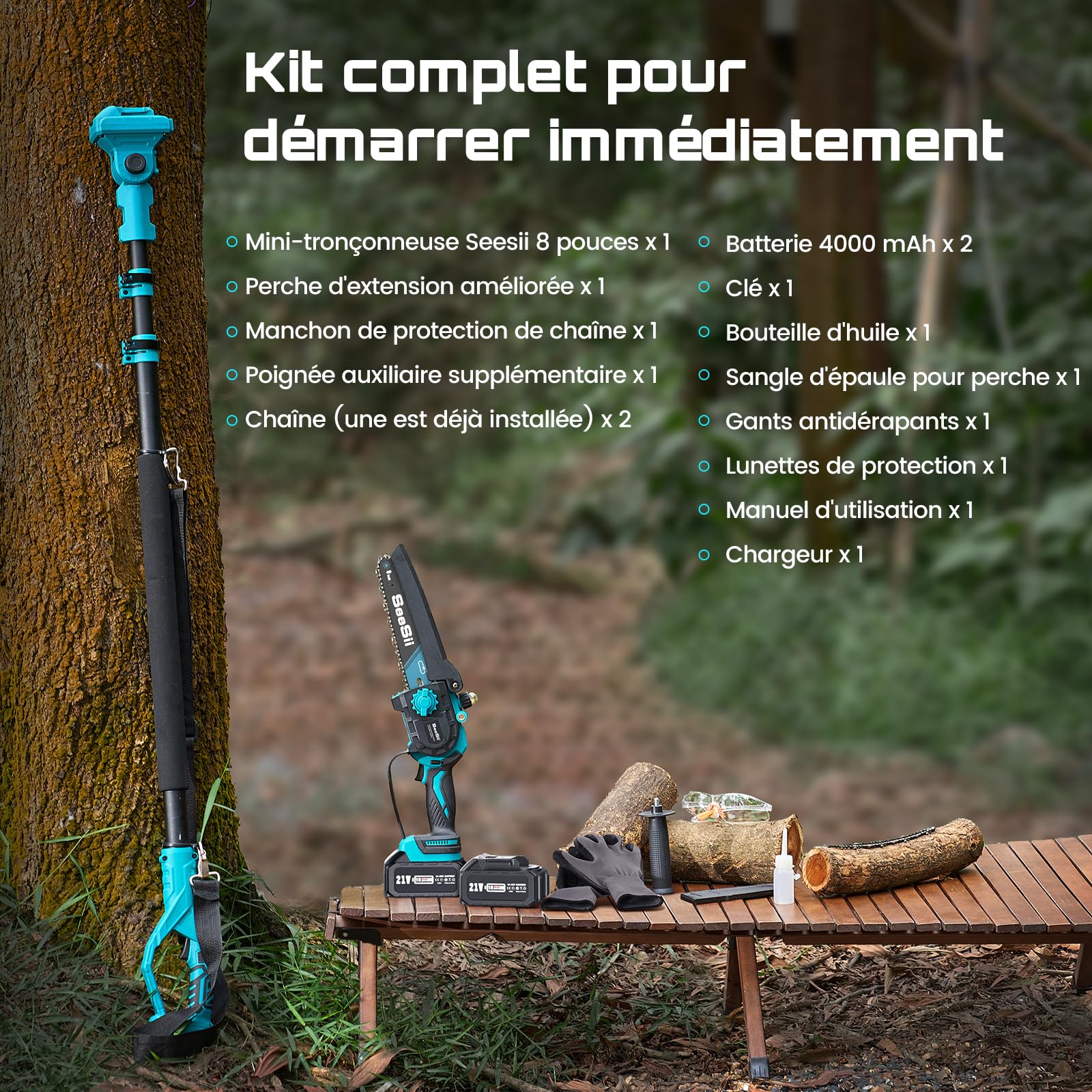 SEESII PS810 Mini Tronconneuse & Elagueuse sur Perche 8 Pouces, 2-en-1 Tronconneuse a Batterie, avec 2 x 4000 mAh Batteries, Portée 4,87 M, Système D'huile Automatique, pour Branches et Jardin