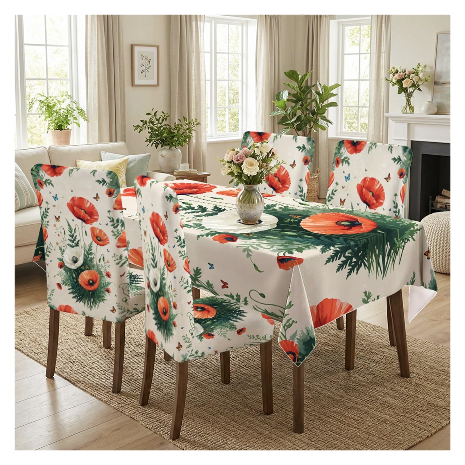 BOSUYBN Red Poppy Butterfly Floral Printed Dining Tablecloth & Chair Covers Set, 5/7 Piece Fresh Country Cottage Home Decor Table Setting(5pcs Set: Tablecloth+Chair Covers)