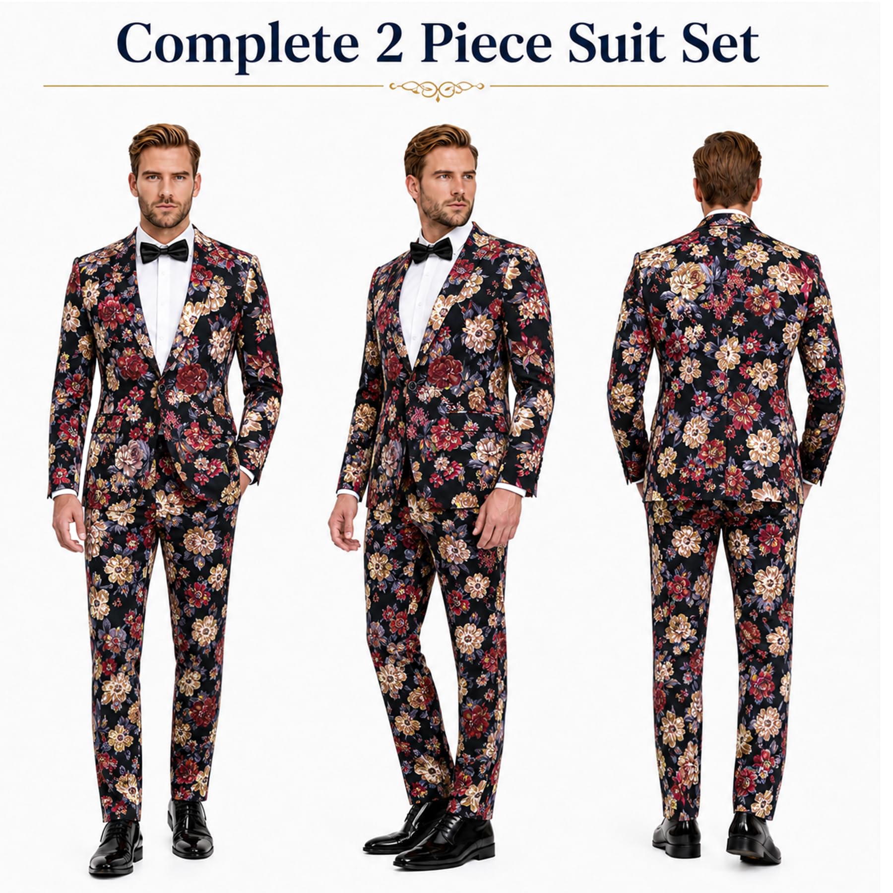 Cloudstyle Mens 2 Piece Suit Floral Printed Slim Fit Tweed | Textured pattern supports parties receptions proms stage events photos dinners celebrations and standout rotations social product thumbnail 3
