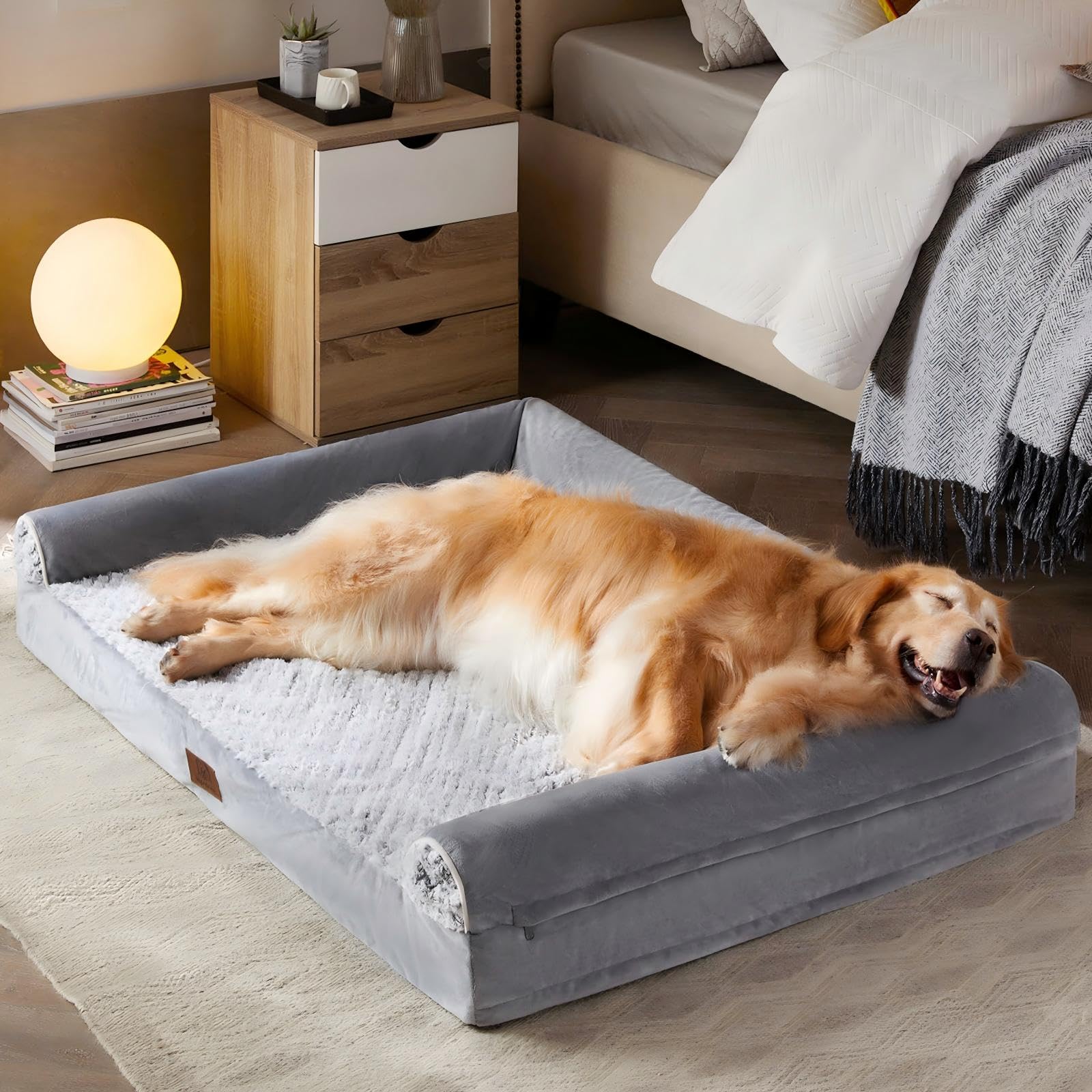 WNPETHOME Orthopedic Dog Beds for Extra Large Dogs, Waterproof Memory Foam XL Pet Bed with Sides, Non-Slip and Egg-Crate Foam Big Dog Couch Bed with Washable Removable Cover, Grey