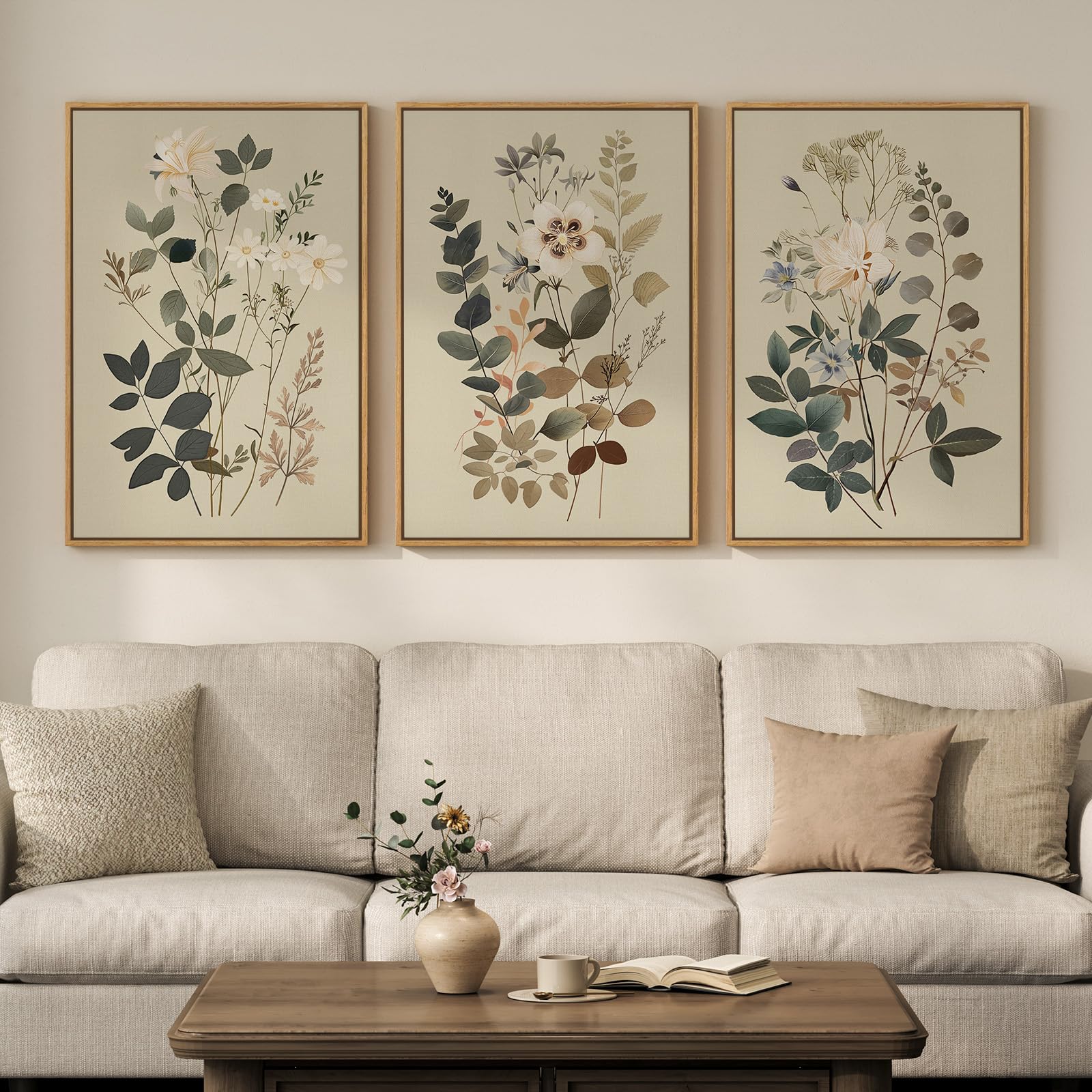framed vintage botanical wall art for living room, 3 piece neutral floral canvas artwork for modern farmhouse walls, rustic green flower painting prints for bedroom office kitchen wall decor, 20x30