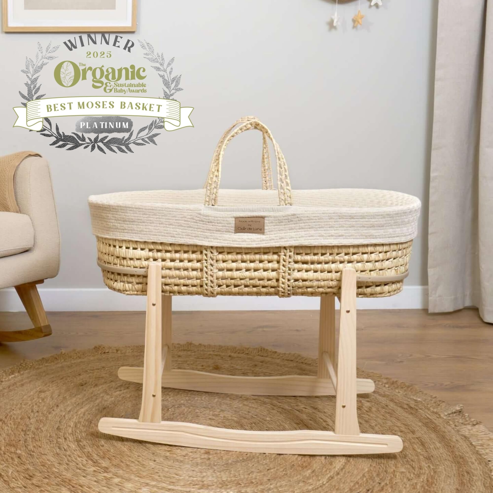 Clair de Lune Couffin en Palmier tricoté Bio avec Support à Bascule Naturel 75 x 28 cm (crème)