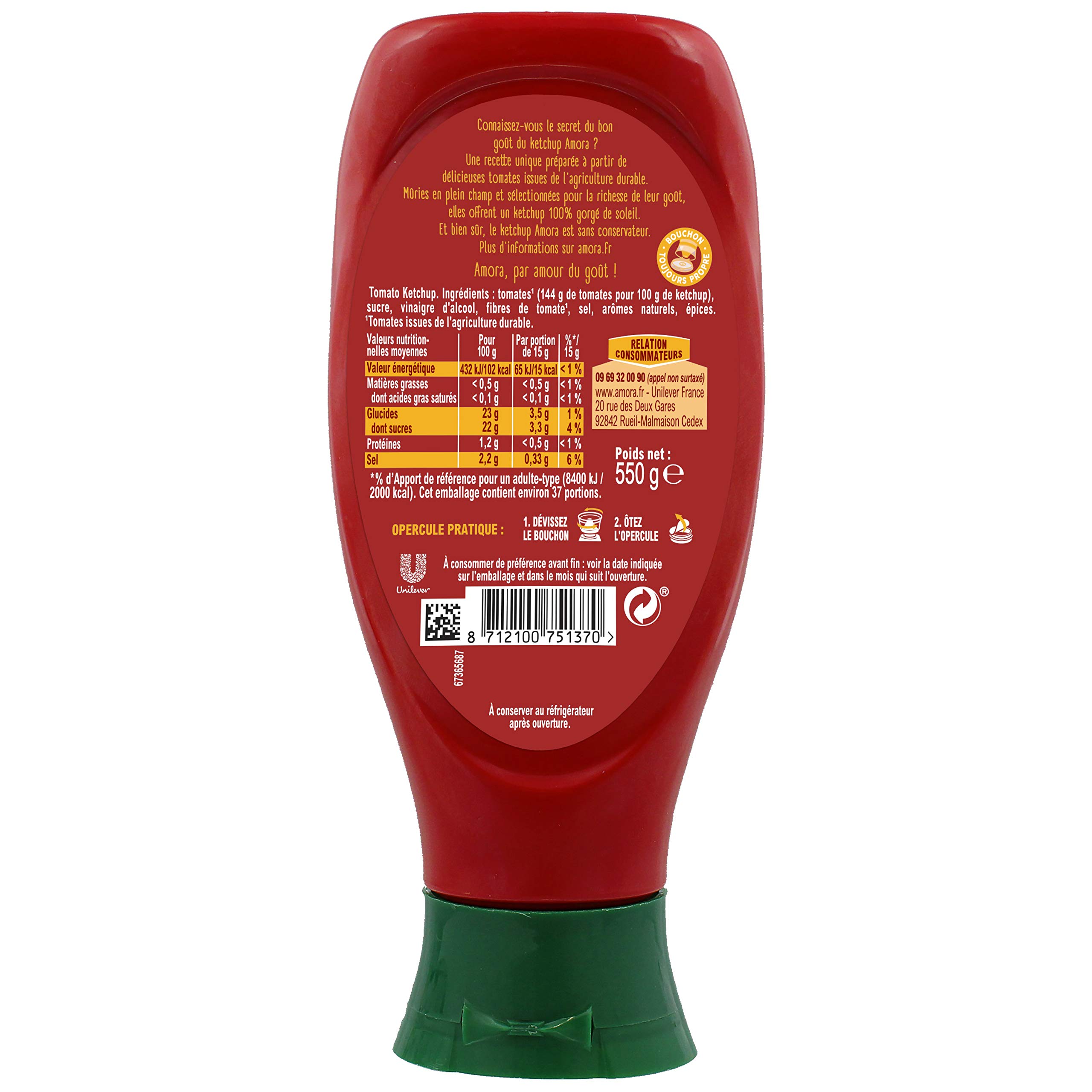 Amora, Ketchup Nature, sans conservateur (Lot de 12x550g)
