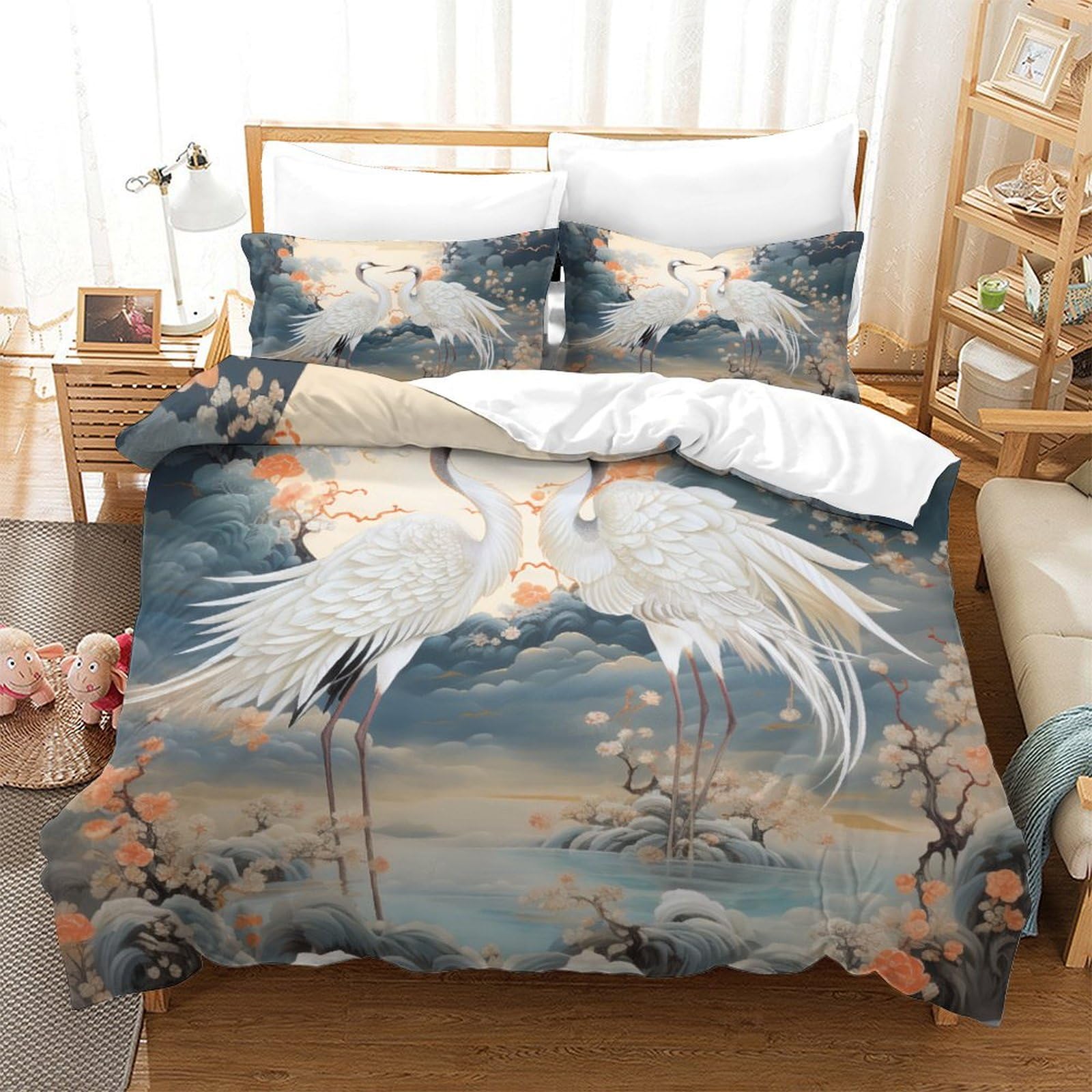 Parure de lit grue blanche en microfibre douce et respirante 3D