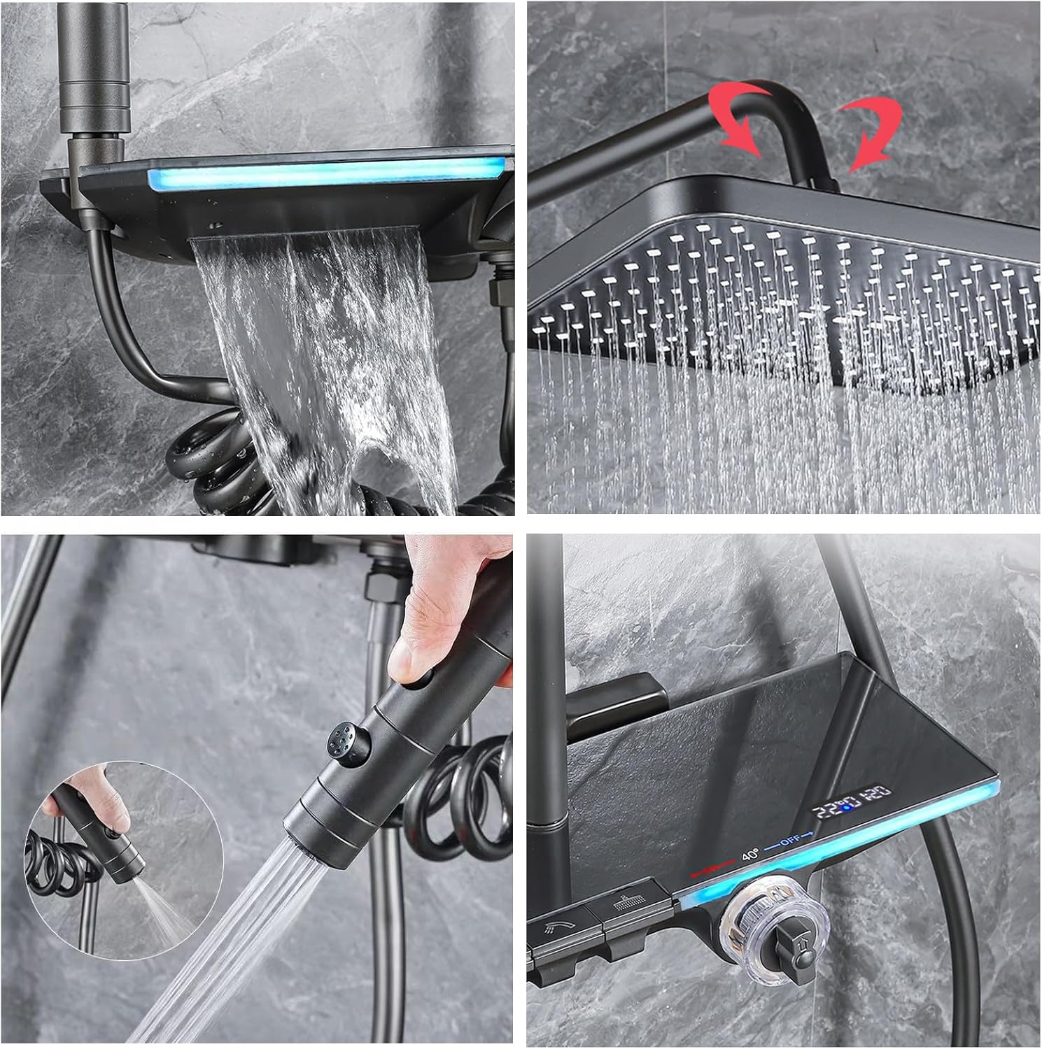 Shower System, Digital Display Bathroom Shower Faucet Set Gray Shower Set 4 Functions Shower Fixtures Shower Kit with Handheld Shower Head, Rain Shower Head, Bidet Sprayer, Bathtub