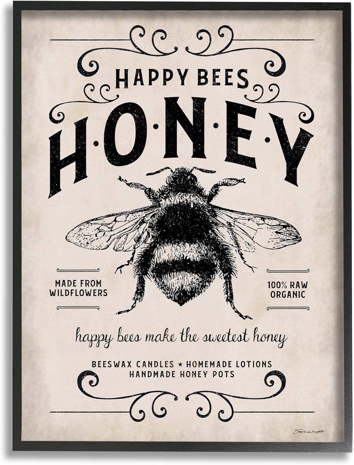 Stupell Industries 'Honey Bee Rustic Farm Textured Word Design', Framed Giclee Art, Black, 11 x 14 Inches, Easy to Hang and Sturdy, Made in USA, by Stephanie Workman Marrott