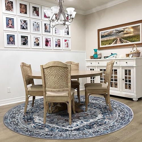 Miniatura 7 de KOZYFLY Alfombras redondas lavables de 5 pies, alfombra bohemia azul antideslizante, alfombra de comedor circular de 5 x 5 pies, alfombras de lana