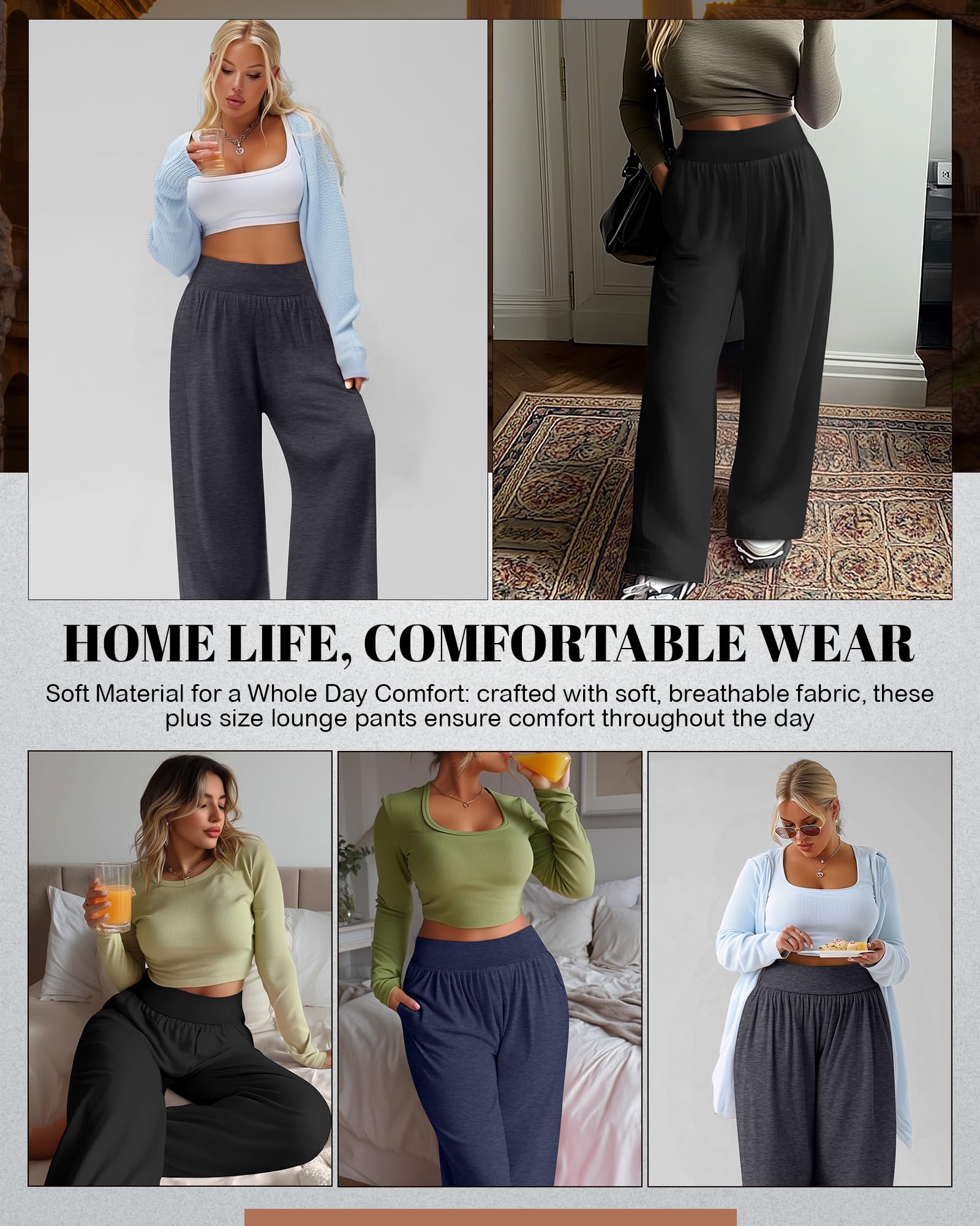 Neer Lot de 3 pantalons de yoga à jambes larges pour femme - Taille haute - Pantalon de survêtement Palazzo avec poches