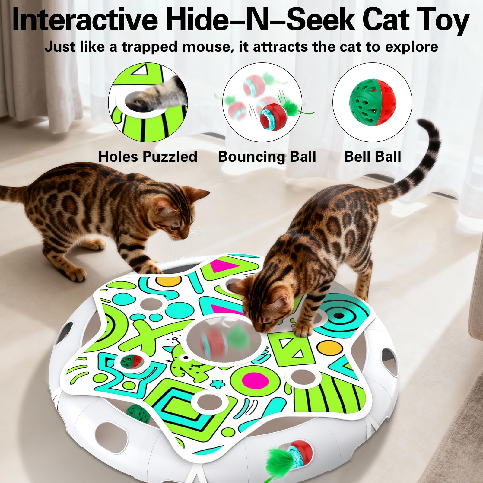 Sofolor Set da gioco interattivo per gatti, giocattolo per nascondersi e cercare, con movimento attivato, 2 giocattoli per gattini, palla a campana, giocattoli per esercizi per gatti adulti annoiati