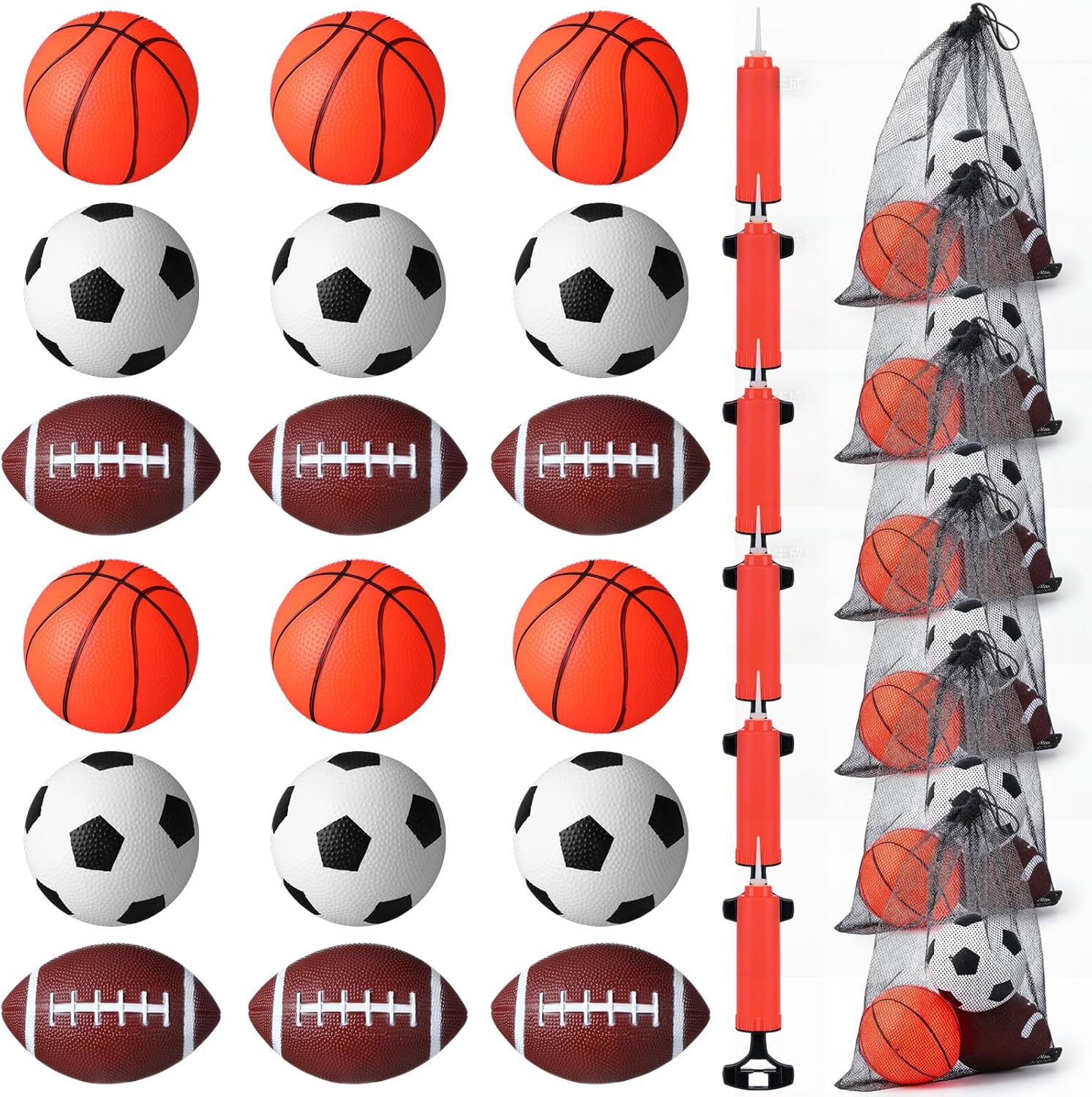 18 Pack Sports Balls for Toddlers Kids Bulk Playground Balls Set 5" Soccer Ball 6.5" Football & 5" Basketball with Hand Pump and Bag Indoor Outdoor Toys Sports Gifts(6 Set) - Image 8