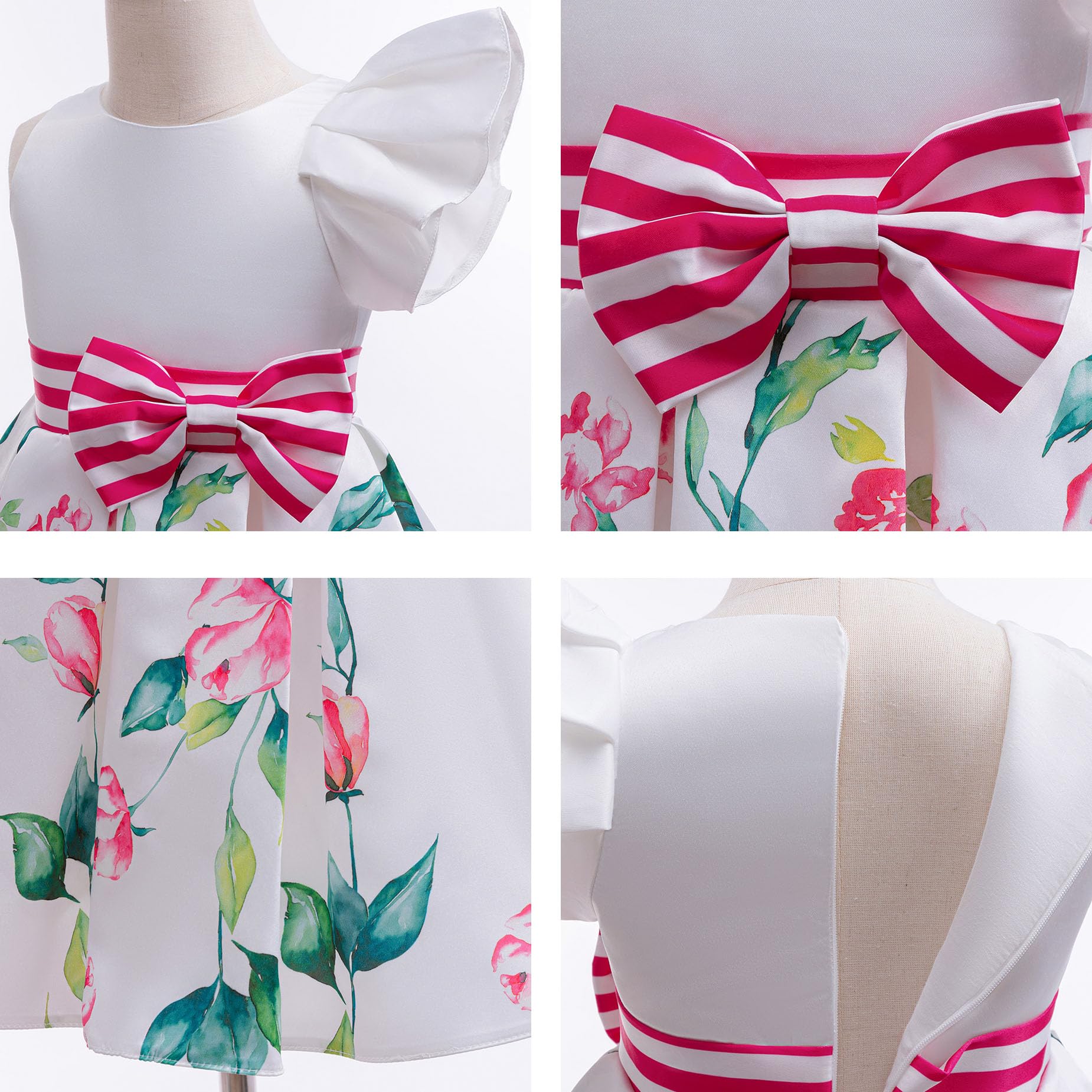 Vestidos de niña con mangas aleteadas Estampado Floral Lazo Estilo Princesa Longitud de la Rodilla Satén Ropa para Niños