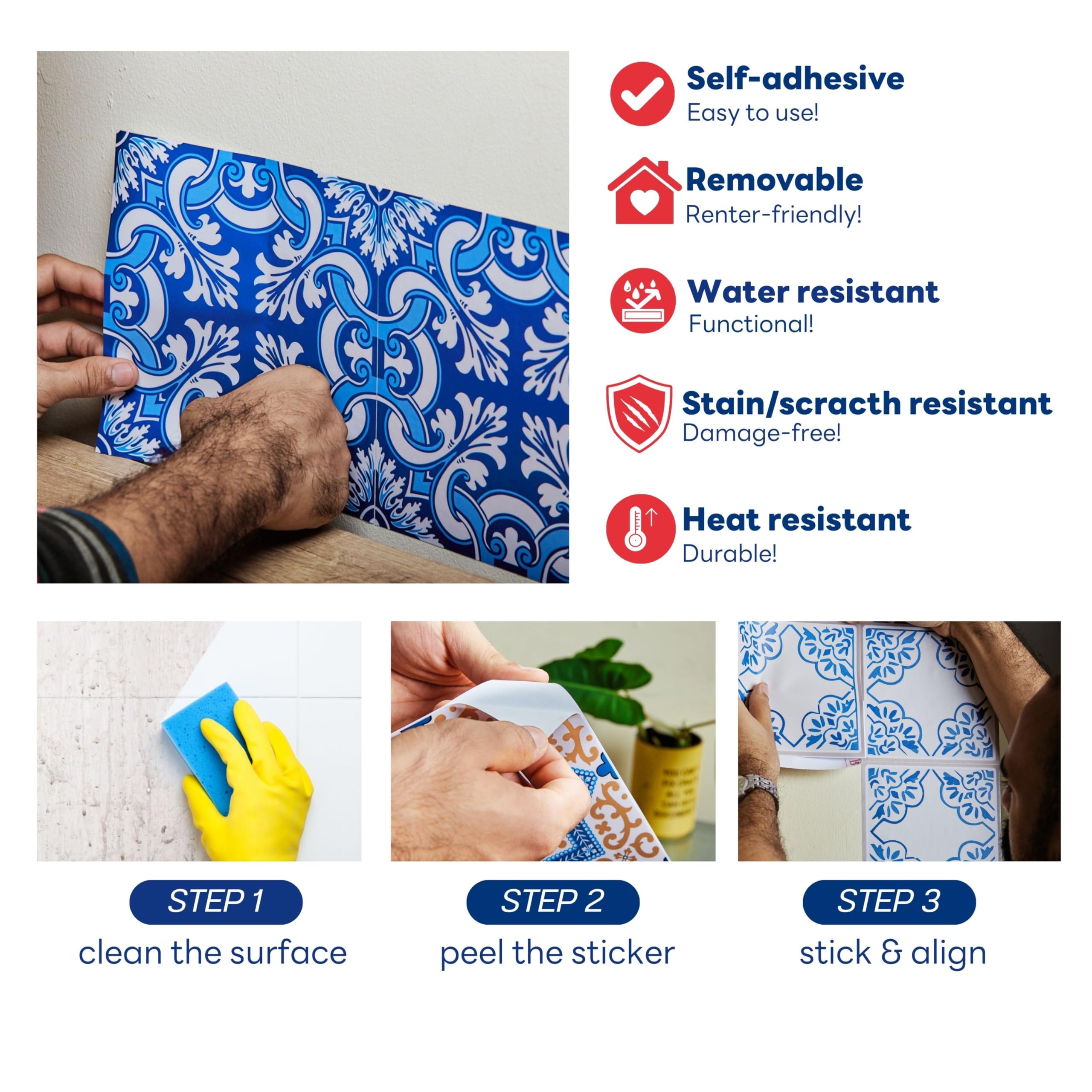 Juego de pegatinas de azulejos de cáscara y palo estilo portugués español Azulejo de 16 piezas (5.9 4 4)