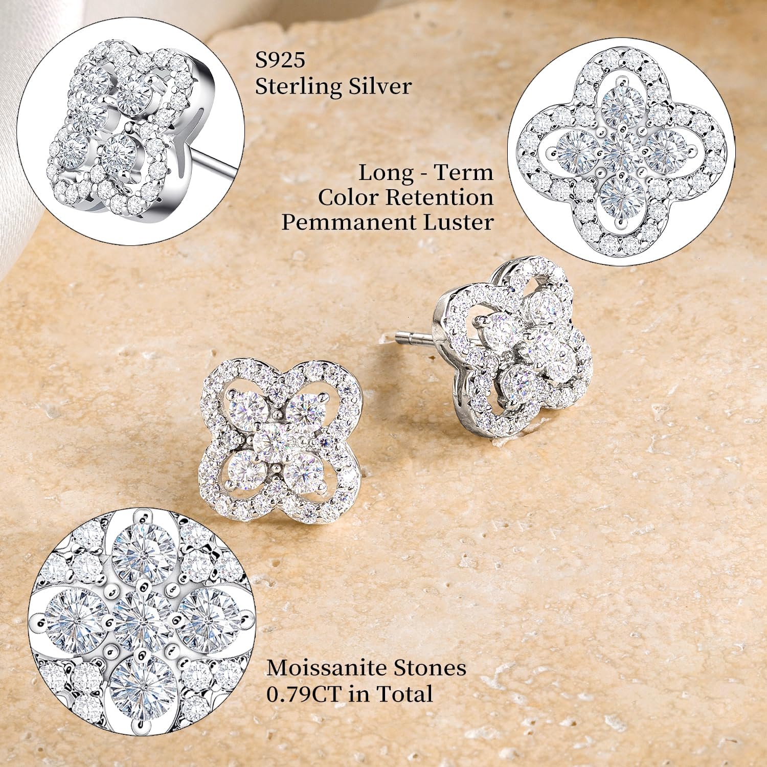 Moissanite Four-Leaf Clover Stud Earrings in S925 Sterling Silver, D Color VVS1, Valentines Anniversary Birthday Mother‘s Day Gift for Women - Image 3