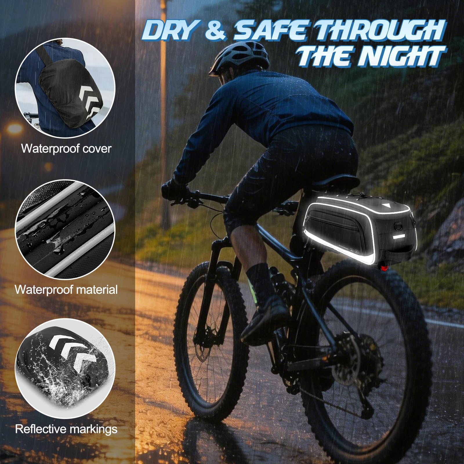 RAINSMORE Sakwa Rowerowa Wodoodporna 15L - Rozszerzalna Torba na Bagażnik Tylny z Pokrowcem Przeciwdeszczowym i Odblaskami - Czarny Zielony Szary E-Bike MTB Czarny