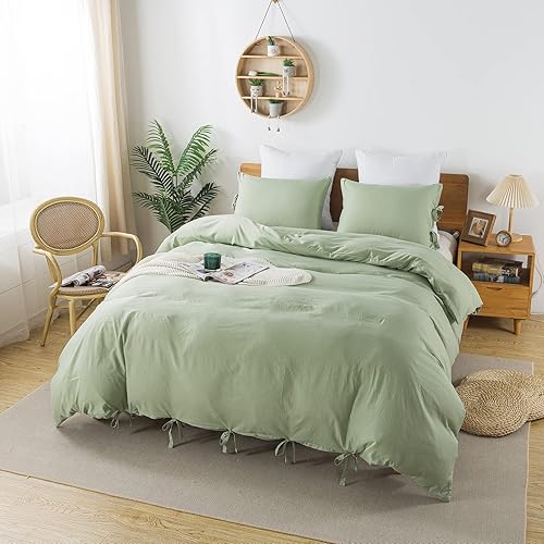 Miniatura 2 de Caressma Juego de funda de edredón bohemia con flecos y pompones, tamaño Queen, microfibra lavada suave, 3 piezas, funda de edredón verde salvia