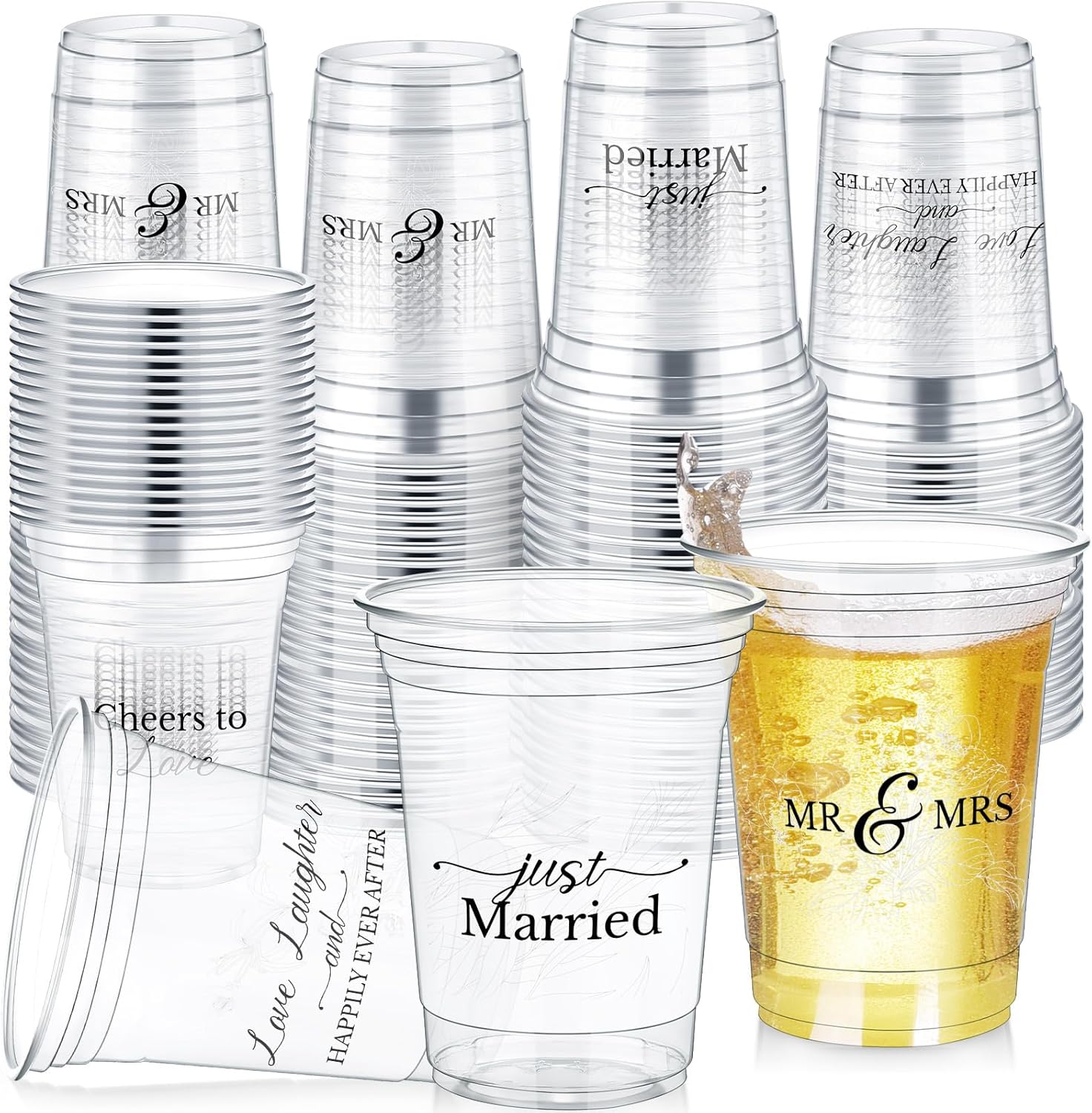 200 Pcs Wedding Plastic Cup 12 oz Wedding Disposable Cups for Reception Thick Clear Cup Happily Ever After Mr and Mrs Just Married Cups for Bridal Shower Decorations