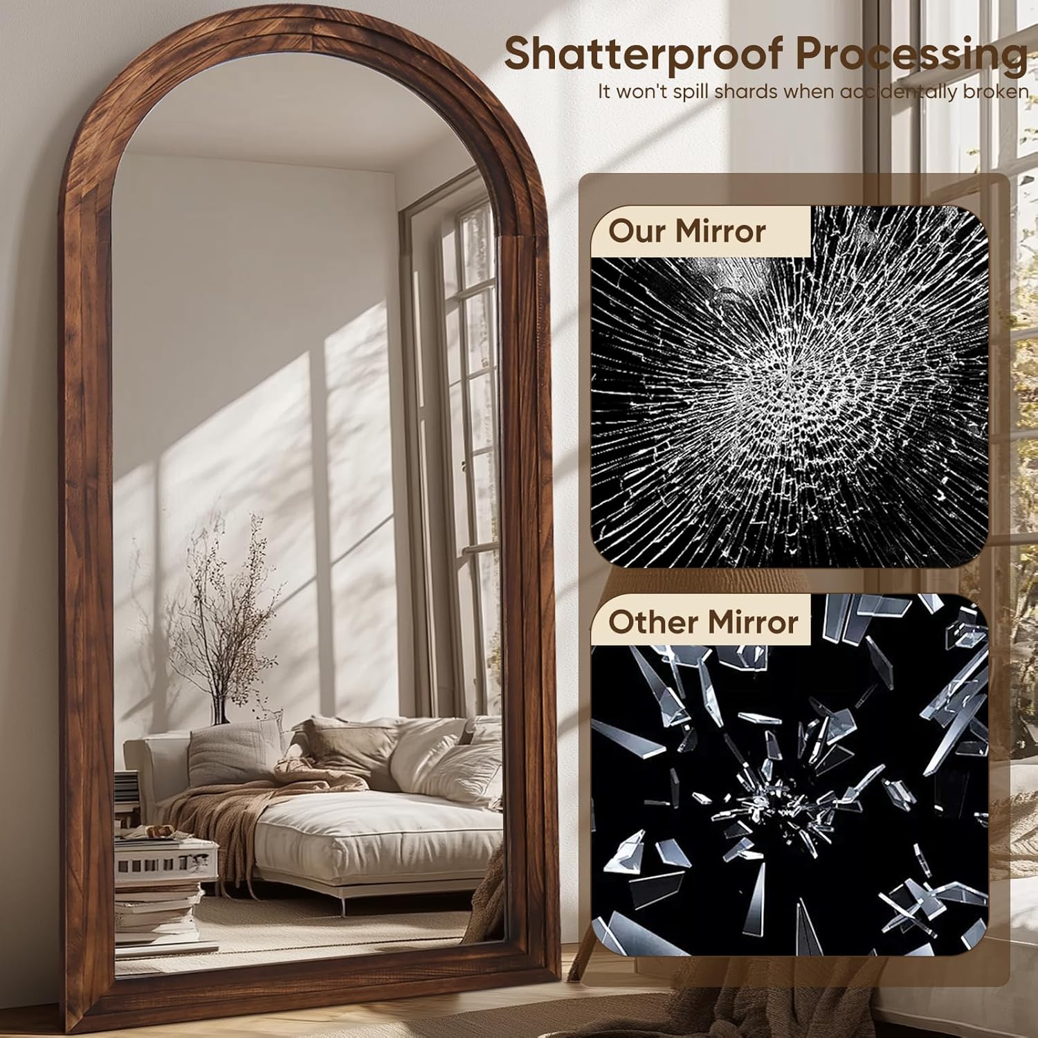 Full Length Mirror, 76"x34" Wooden Mirror Full Length with Stand Wood Floor Mirror, Oversized Stand Up Mirrors Large Wall Mirrors, Wall Mounted Mirrors, Arched Vintage Style, Walnut