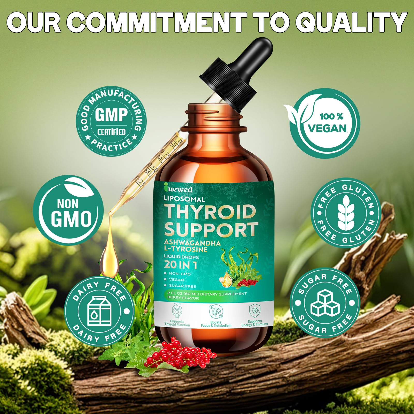 Thyroid Support Complex Liquid Drops for Women & Men - High Potency Iodine, Zinc, Selenium & Ashwagandha for Cortisol & Stress Relief - Natural Metabolism & Energy Booster - 2 oz (60ml) — Amazon image 7