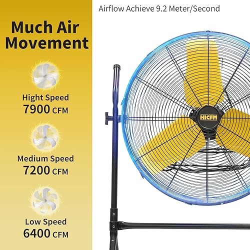 Miniatura 2 de HiCFM 7900 CFM Ventilador de pie inclinable de 24 pulgadas con rodamiento de bolas, potente motor de 25 HP, cable de 9 pies, inclinación de 180
