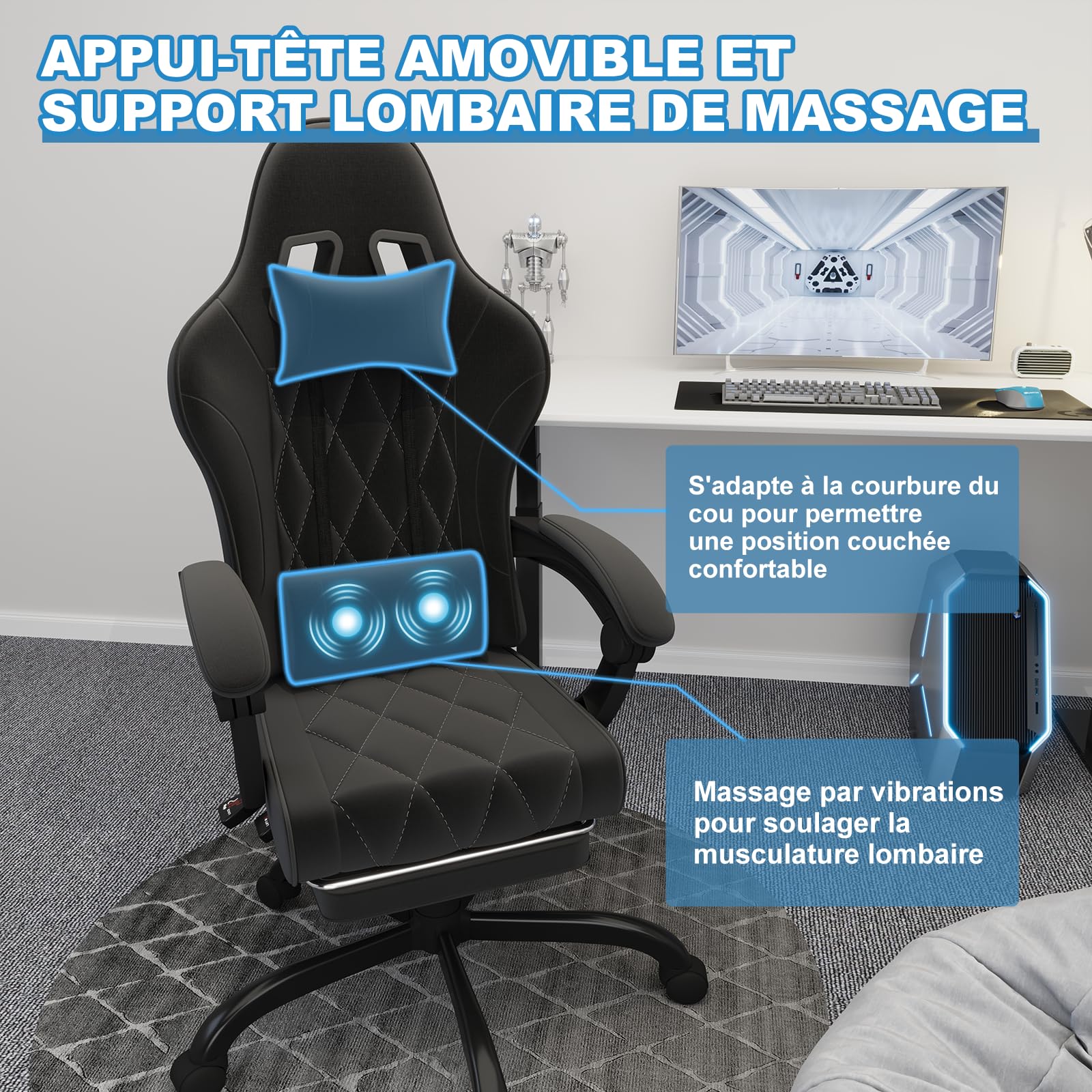 JUMMICO Chaise de Gaming en Tissu avec Repose-Pieds Extensible, Chaise de Bureau Ergonomique avec Massage, Hauteur réglable, Chaise Gamer avec Rembourrage à Ressorts, Capacité de Charge 150KG, Noire