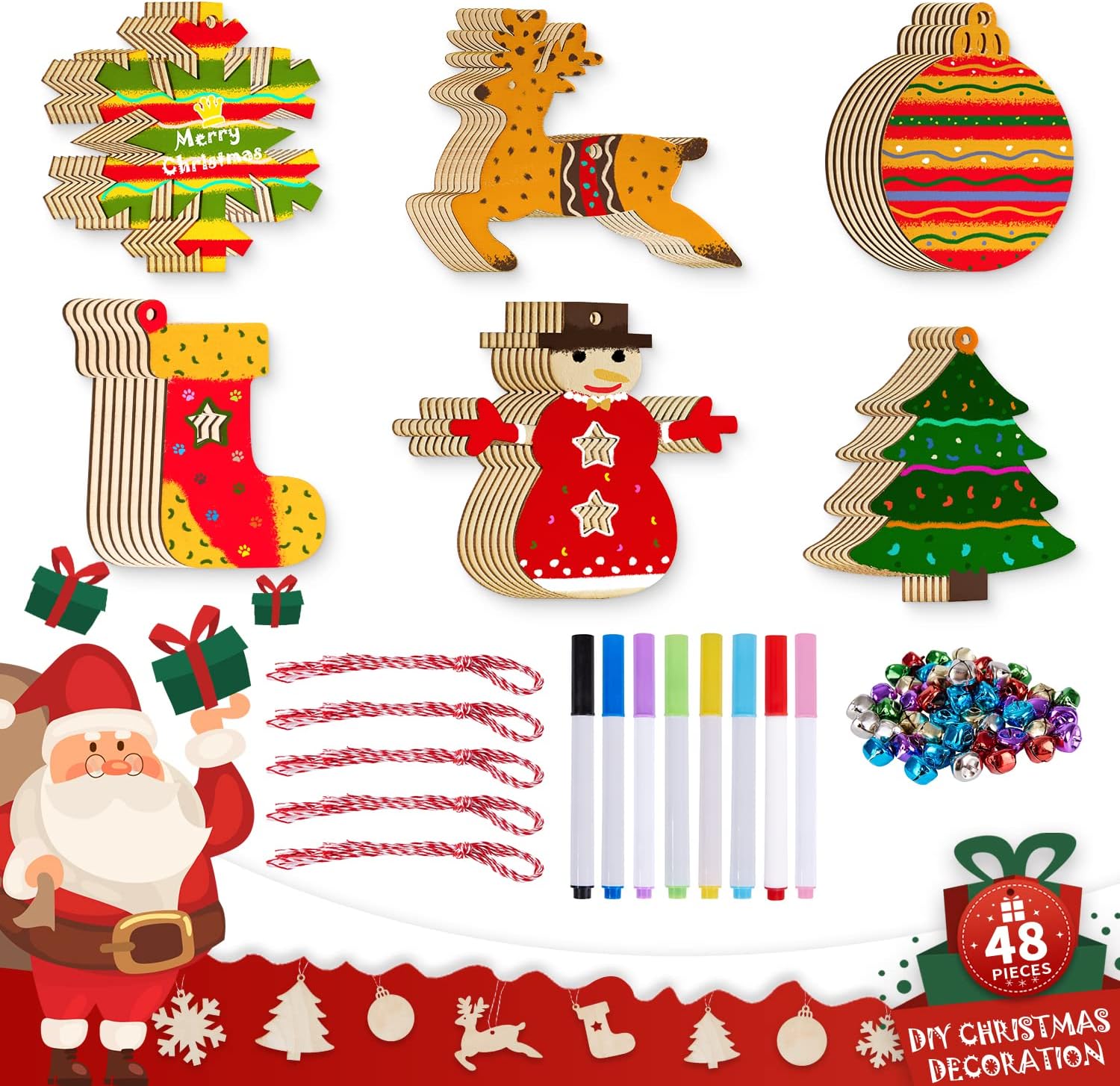 Lanpn Christmas Arts and Crafts Kits, Wooden Xmas Baubles Ornaments Crafting Set for Adults DIY Paint Your Own Decorations Decorate 48pcs