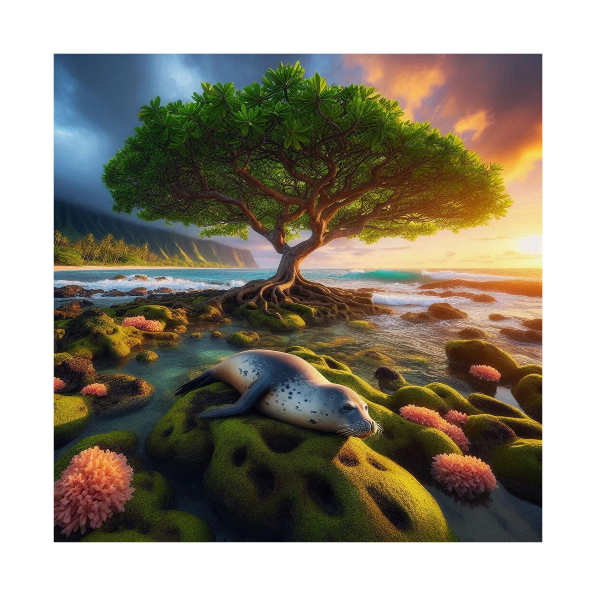 Hala Tree and Hawaiian Monk Seal Poster – Coastal Reef Zones in Kauai, Hawaii – Made in USA – 18x18 Inch