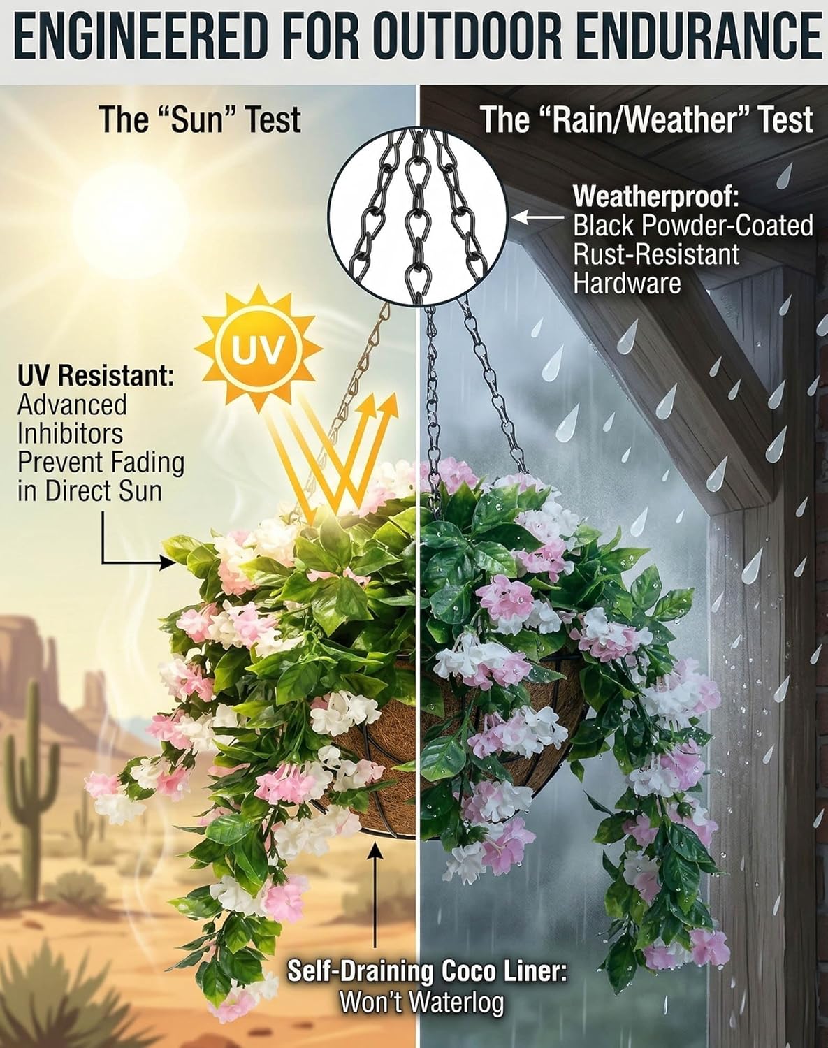 15" Faux Crepe Myrtle Hanging Baskets - Set of 2, Artificial Hanging Flowers Plants Basket for Outdoor Indoor, Fake Crepe Myrtle Silk Planter UV Resistant for Outside Spring Porch (White, 1 Set)
