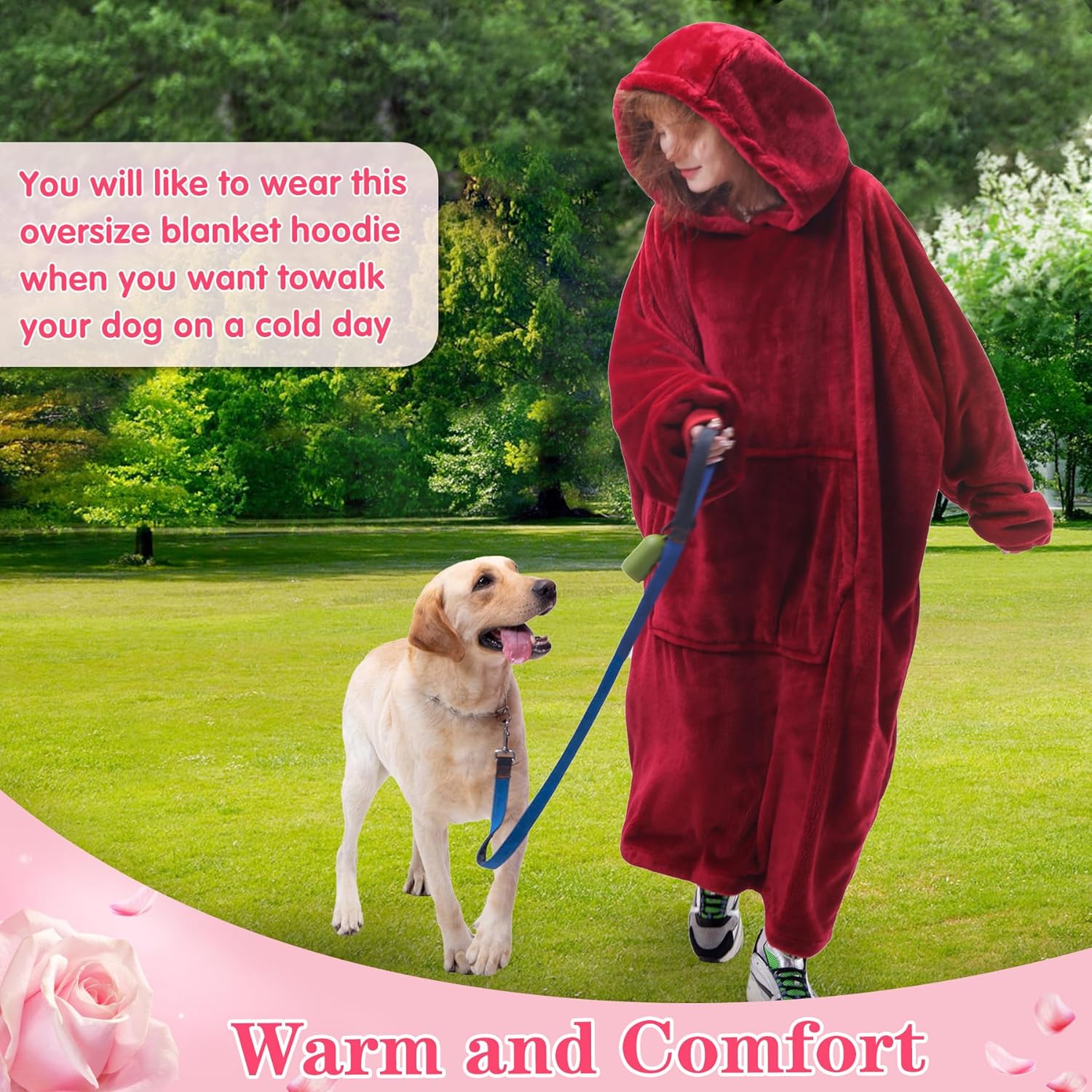 Waitu Wearable Blanket Sweatshirt for Women and Men, Super Warm and Cozy Giant Blanket Hoodie, Thick Flannel Blanket with Sleeves and Giant Pocket - Red - Image 5