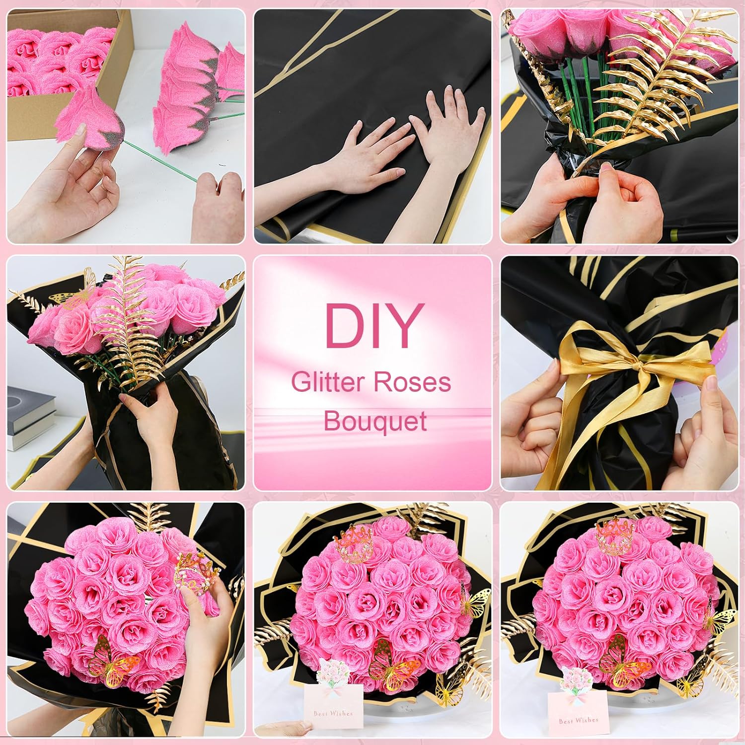 DIY Glitter Roses Bouquet 24Pcs - Hot Pink Artificial Glitter Rose with Stems Wrapping Paper 3D Butterflies Crowns for Graduations Anniversary Birthday Mother's Day, for Her - Image 3
