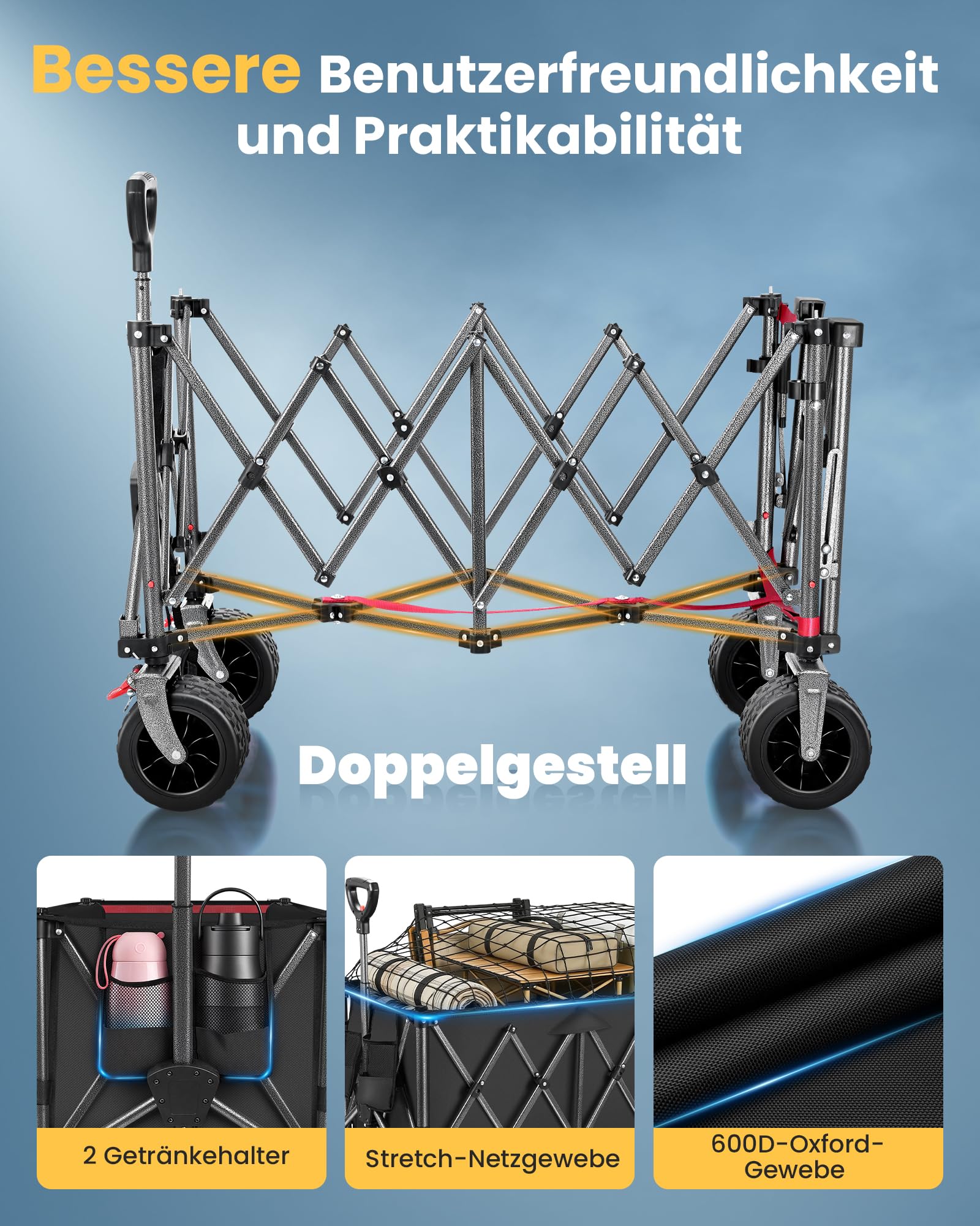 YEAUPE PRO Bollerwagen Faltbar, 260L 250KG Faltbarer Bollerwagen& Wagon for Festival, Geländegängiger Strandwagen mit 17cm Breiten Rädern, Ideal für Garten, Einkauf, Strand, und Outdoor Nutzung