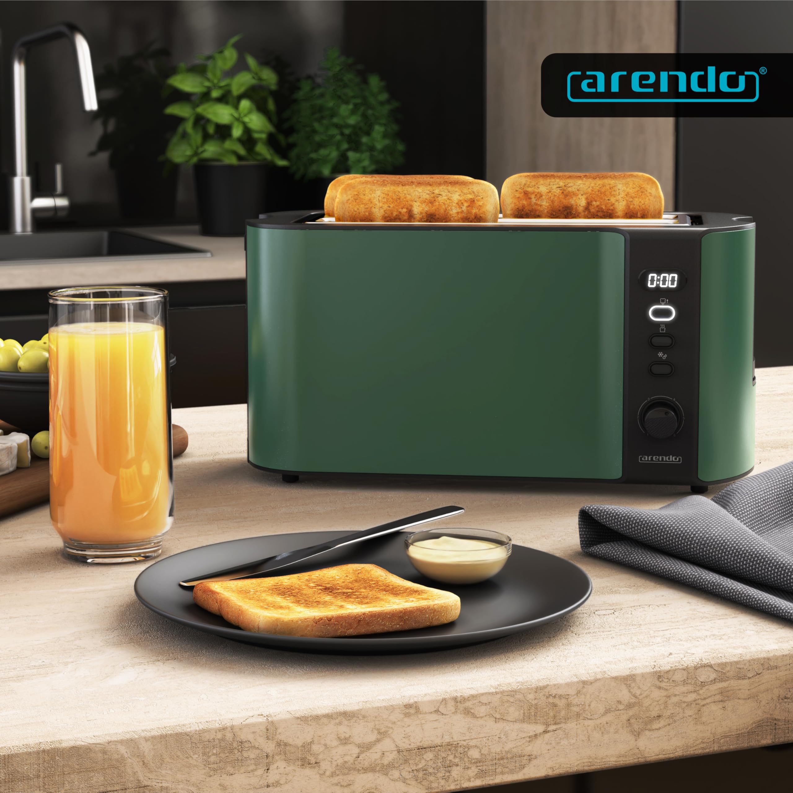 Arendo - Edelstahl Toaster Langschlitz 4 Scheiben - Defrost Funktion - wärmeisolierendes Gehäuse - mit integrierten Brötchenaufsatz - 1500W - Krümelschublade - Display mit Restzeitanzeige
