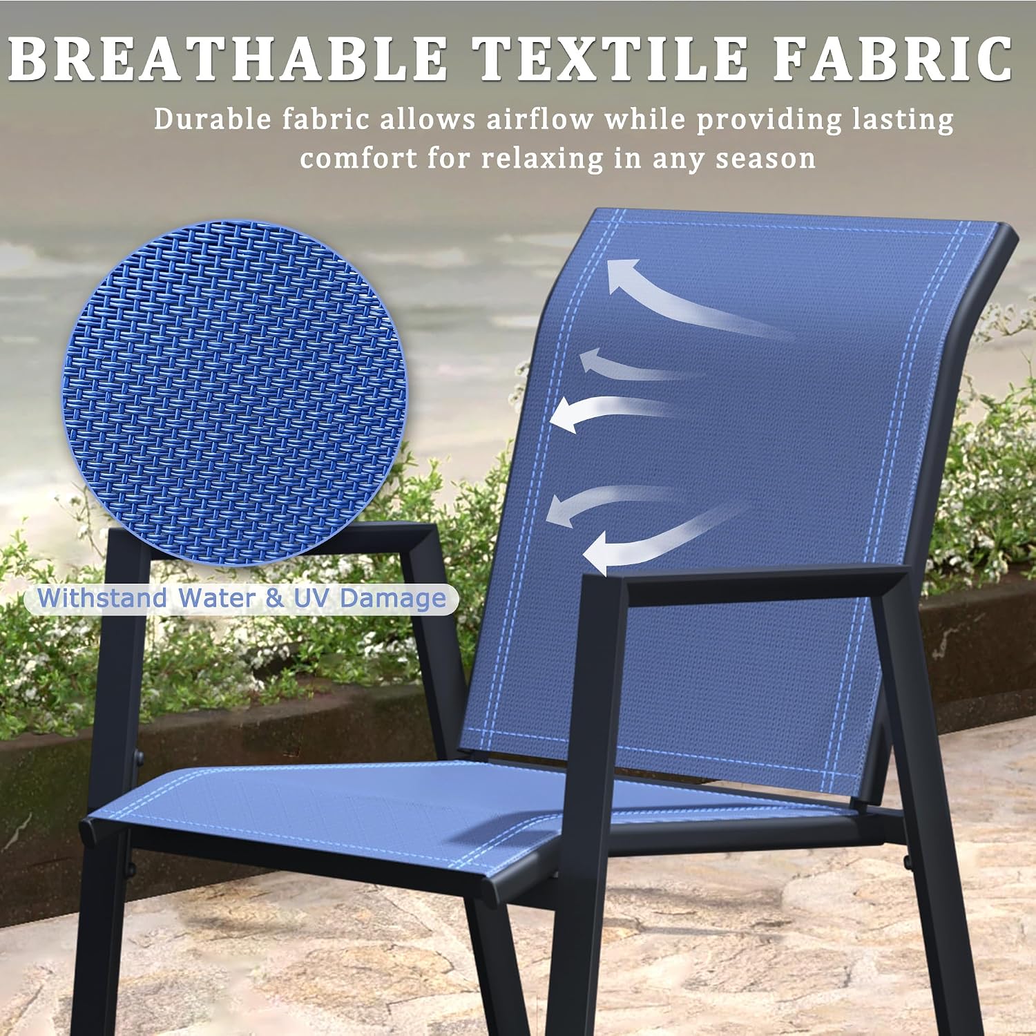 Patio Chairs Set of 6, Stackable Outdoor Dining Chairs with Metal Frame and Breathable Textilene Fabric, All Weather Dining Furniture Set for Lawn, Garden, Backyard, Poolside, Blue