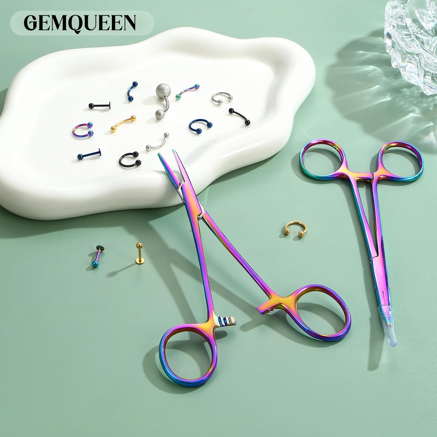 GEMQUEEN Piercing Taper Pliers Ball Grabber Tool for Changing Jewelry - Curved and Straight Forceps Stainless Steel 14G 16G 18G Flat Back Earrings Insertion Tool Body Piercing Kit for Ear Nose Lip