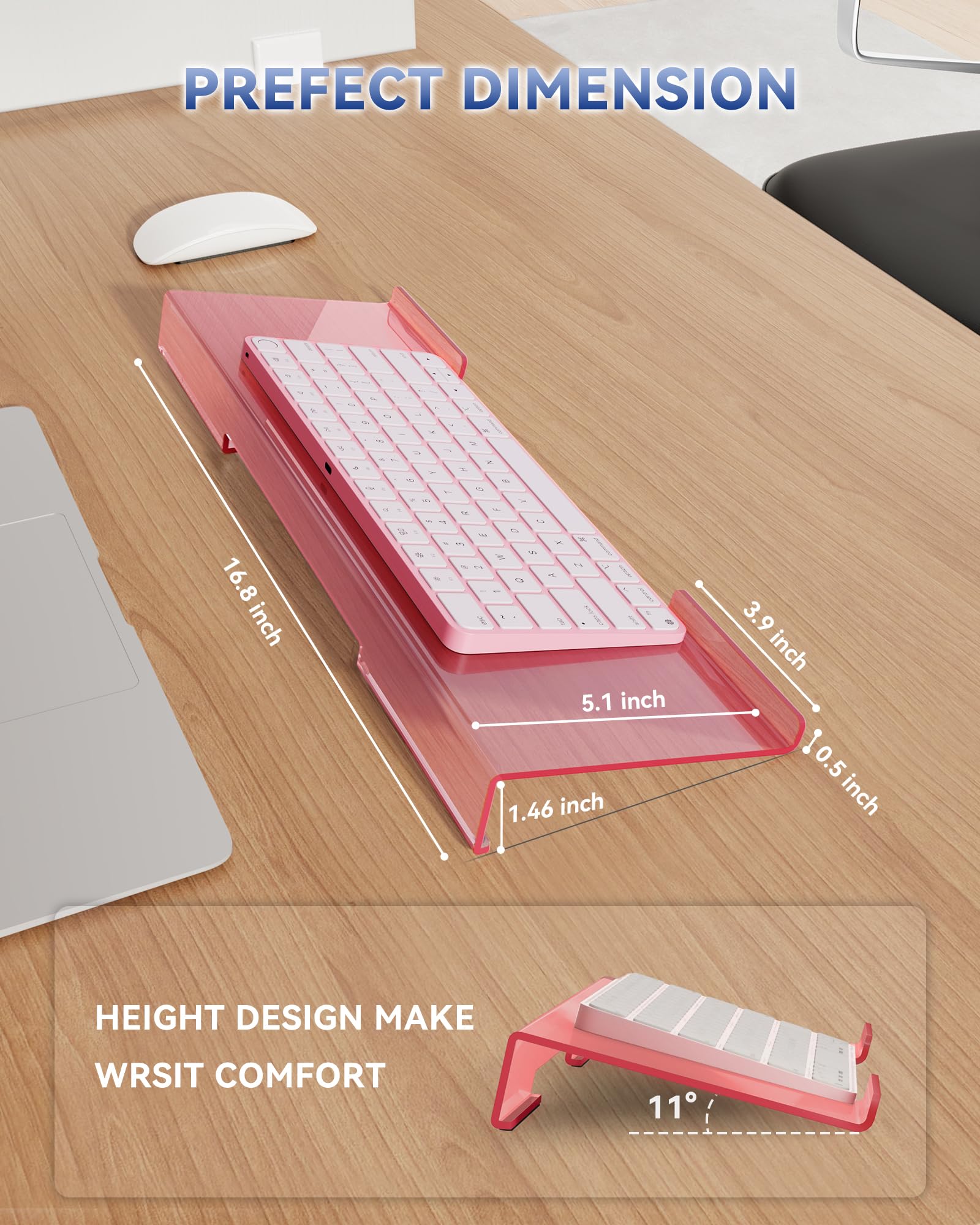 Support ergonomique pour clavier d'ordinateur de bureau (rose transparent), support surélevé incliné pour clavier, support rehausseur pour bureau, maison, travail