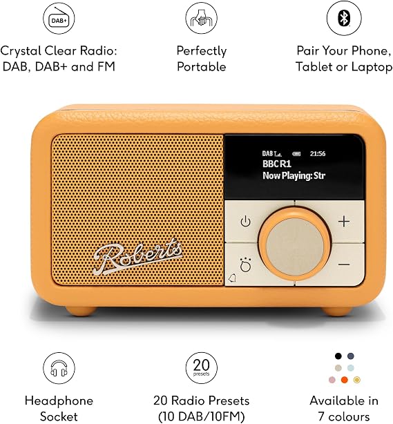 Roberts Revival PETITE2 FM/DAB/DAB+ Digital Radio with Bluetooth, Sunburst Yellow