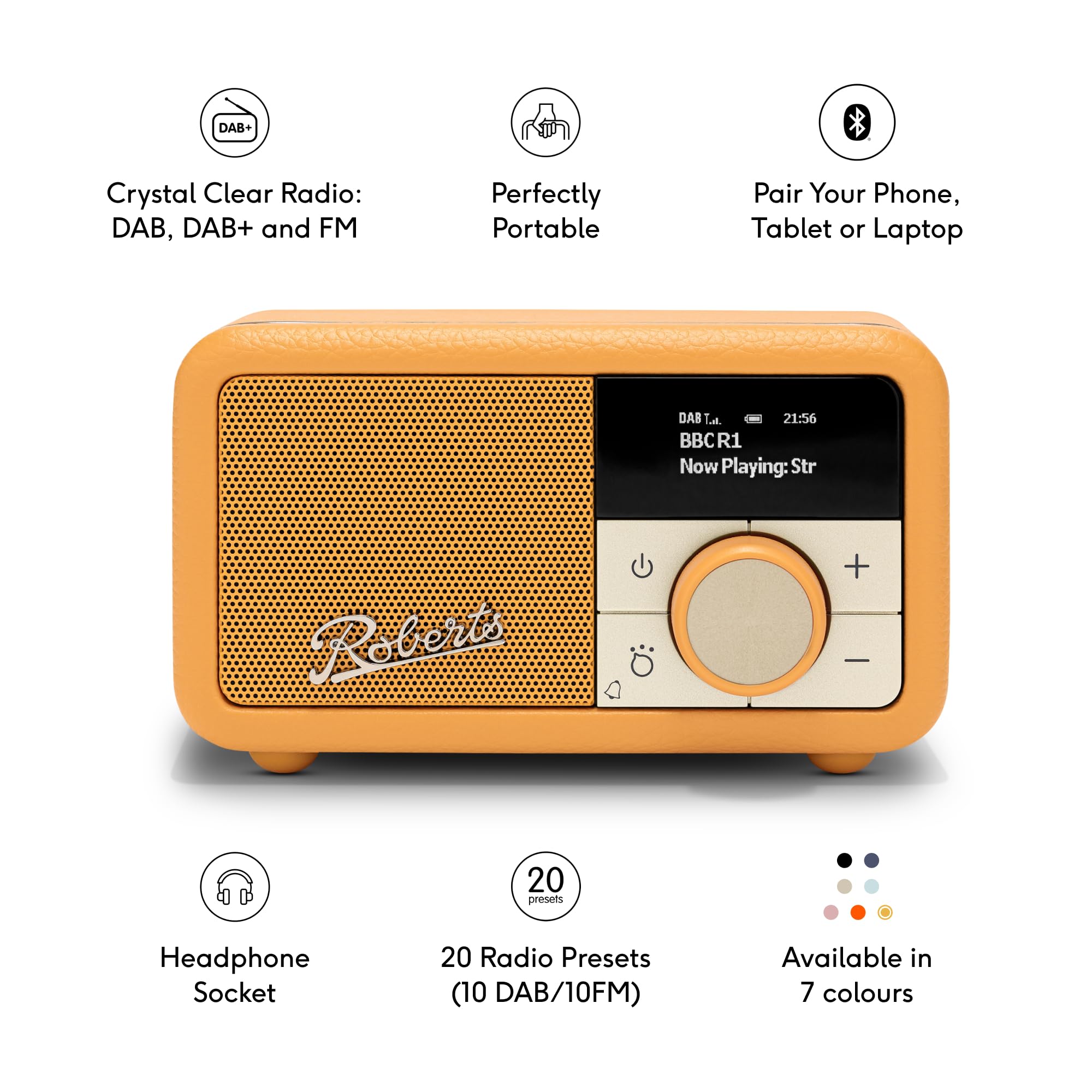 Roberts Revival PETITE2 - Radio Digital FM/Dab/Dab+ con Bluetooth, Color Amarillo Sunburst