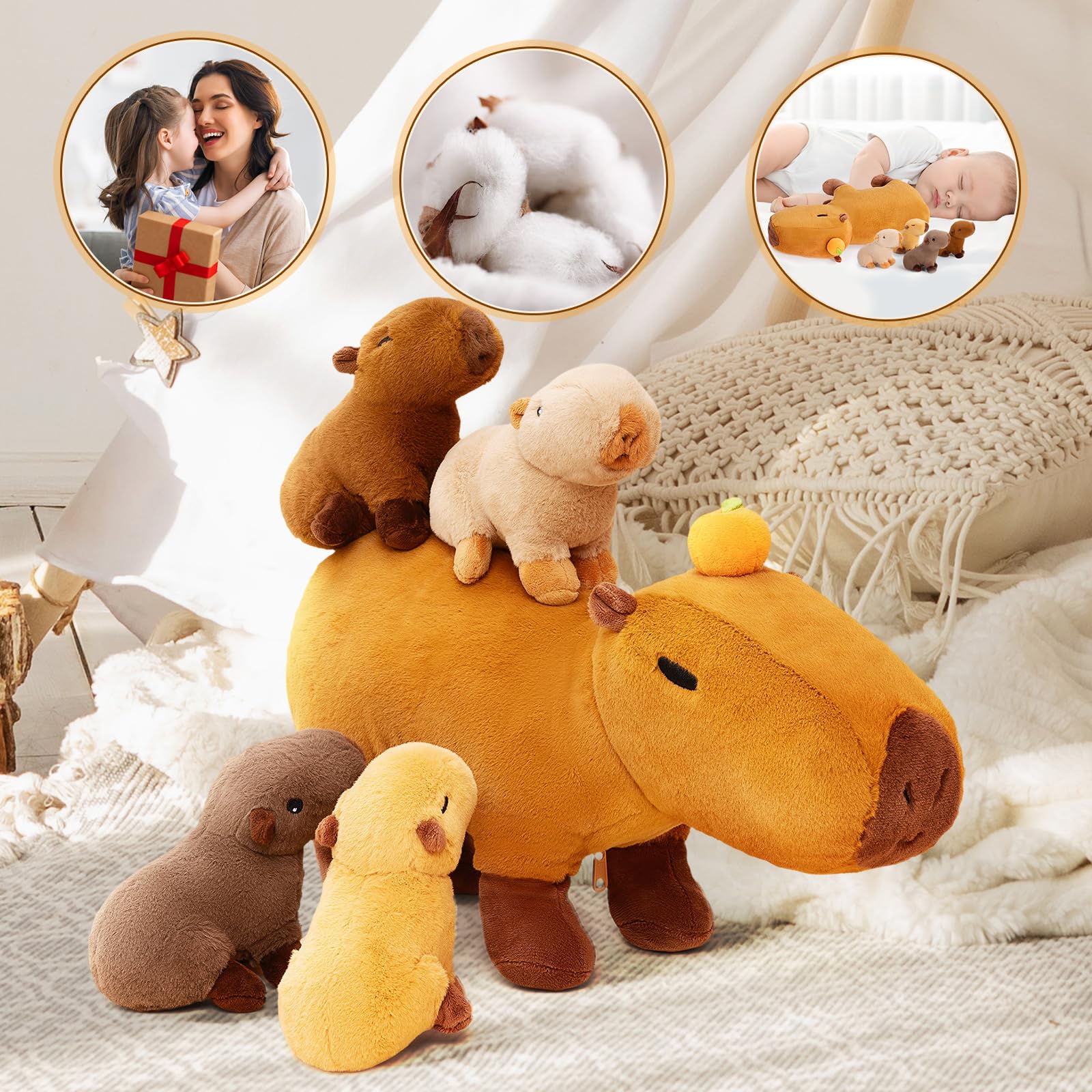 OUOZZZ Peluche Capibara, comprend 4 bébés et peluche Capbara orange de 36 cm de printemps chaud - Jouet cadeau pour filles, garçons et petits bébés