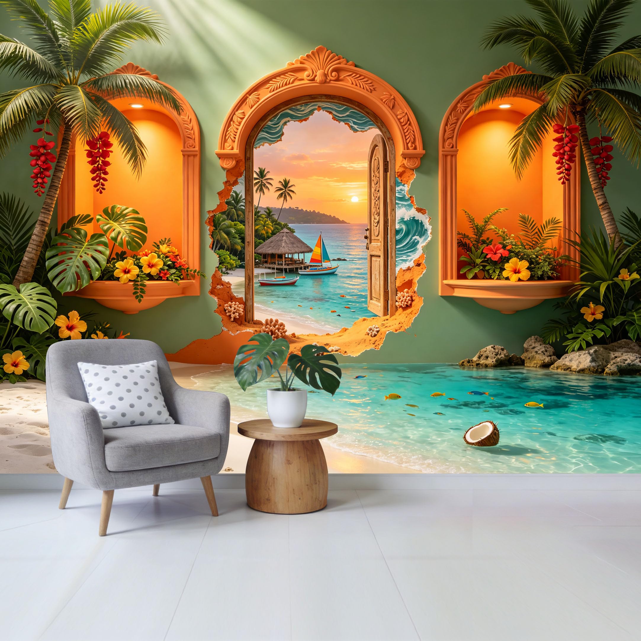 Custom Size Wall Mural Tropical Beach Sunset Ocean View Palm Trees and Sailboat Removable Self Adhesive Fabric Home Wall Decor for Living Room Bedroom Bathroom