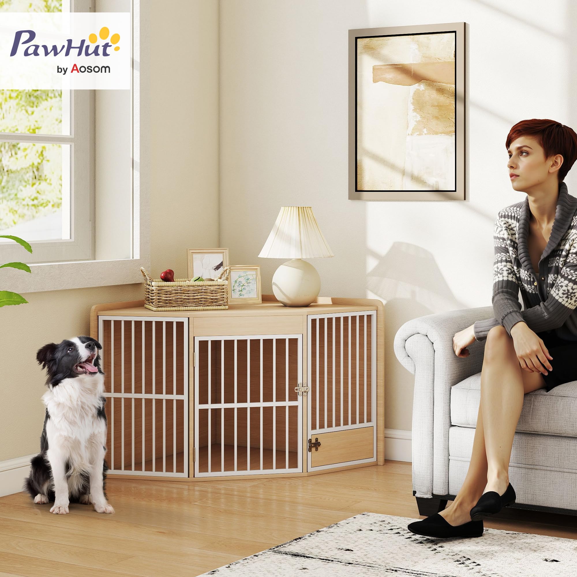 PawHut Cage d'angle pour Chien, Cage pour Chien intérieur avec Porte rotative, Table d'appoint pour Petits et Moyens, 113 x 80 x 64 cm, chêne