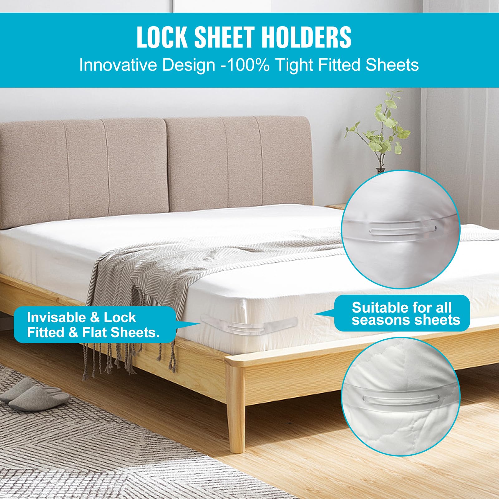 RLSHEN Adjustable Sheet Clips Keep Sheets in Place, Fitted Bed Sheet Holders Keep Sheets Firm & Tight for Bed Concers Creative Bed Accessories