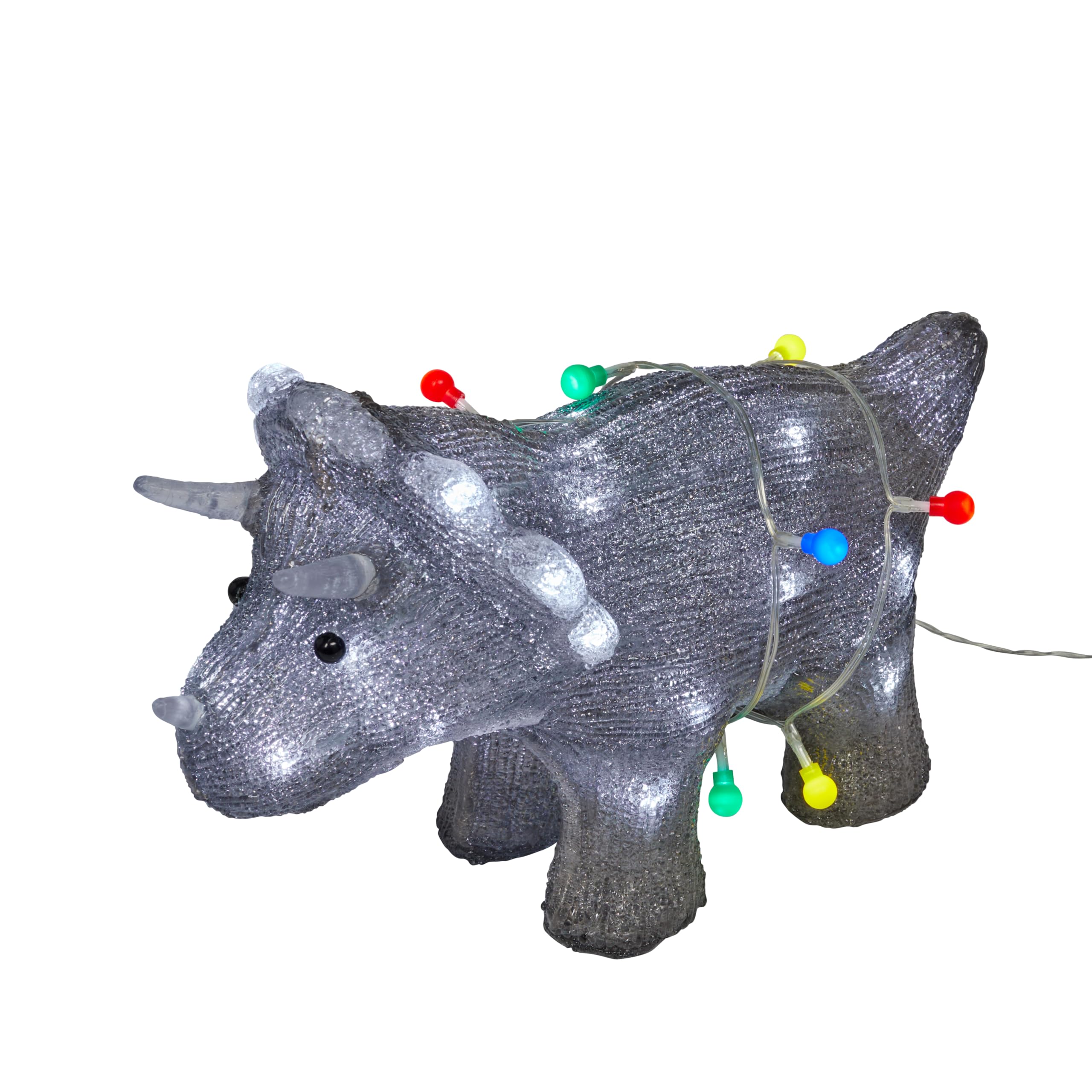 Lights4fun Dinosauro Triceratopo Luminoso a Pile da 36,5 cm con 40 LED Bianco e Timer Figura di Natale in Acrilico Decorazione Natalizia per Interni ed Esterni