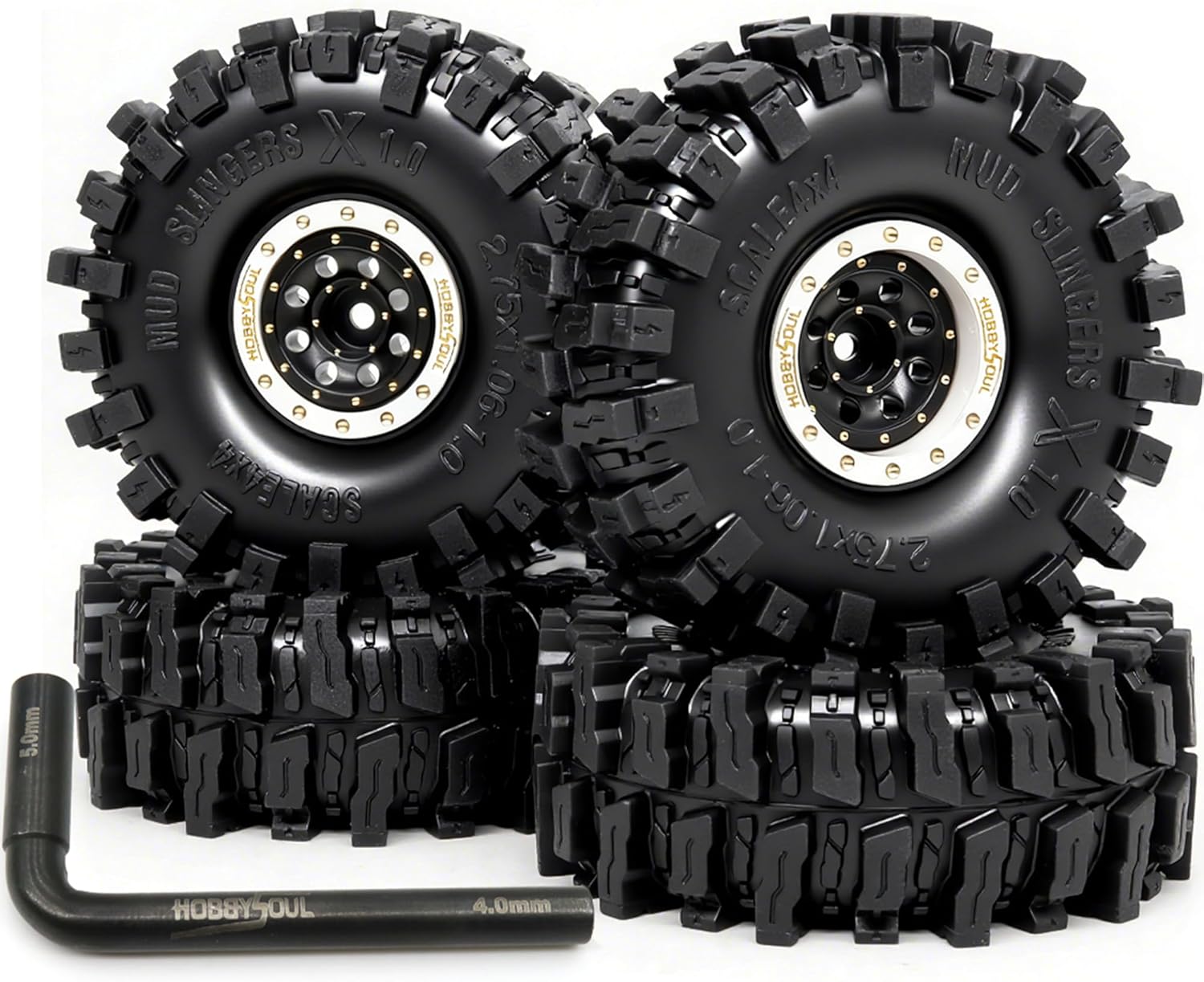HOBBYSOUL 70mm Tall Soft Sticky 1.0 Mud Slingers X Tires Tyre with Brass Adjustable Offset 1.0 Beadlock wheels Rims White Black For RC Crawler TRX4M SCX24 Upgrades