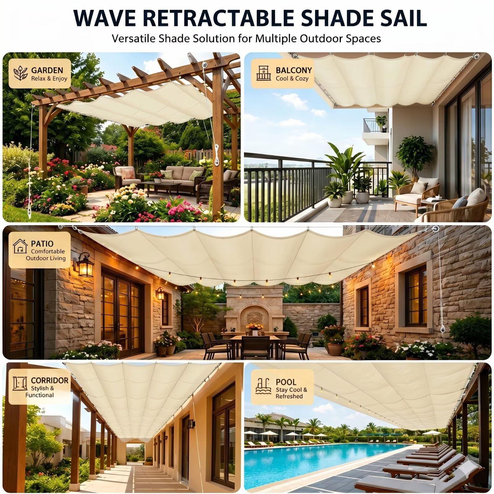 Voile d'ombrage Suspendu Vague 200x350cm Rétractable Imperméable Toile Solaire pour Pergola et Tonnelle Jardin Beige
