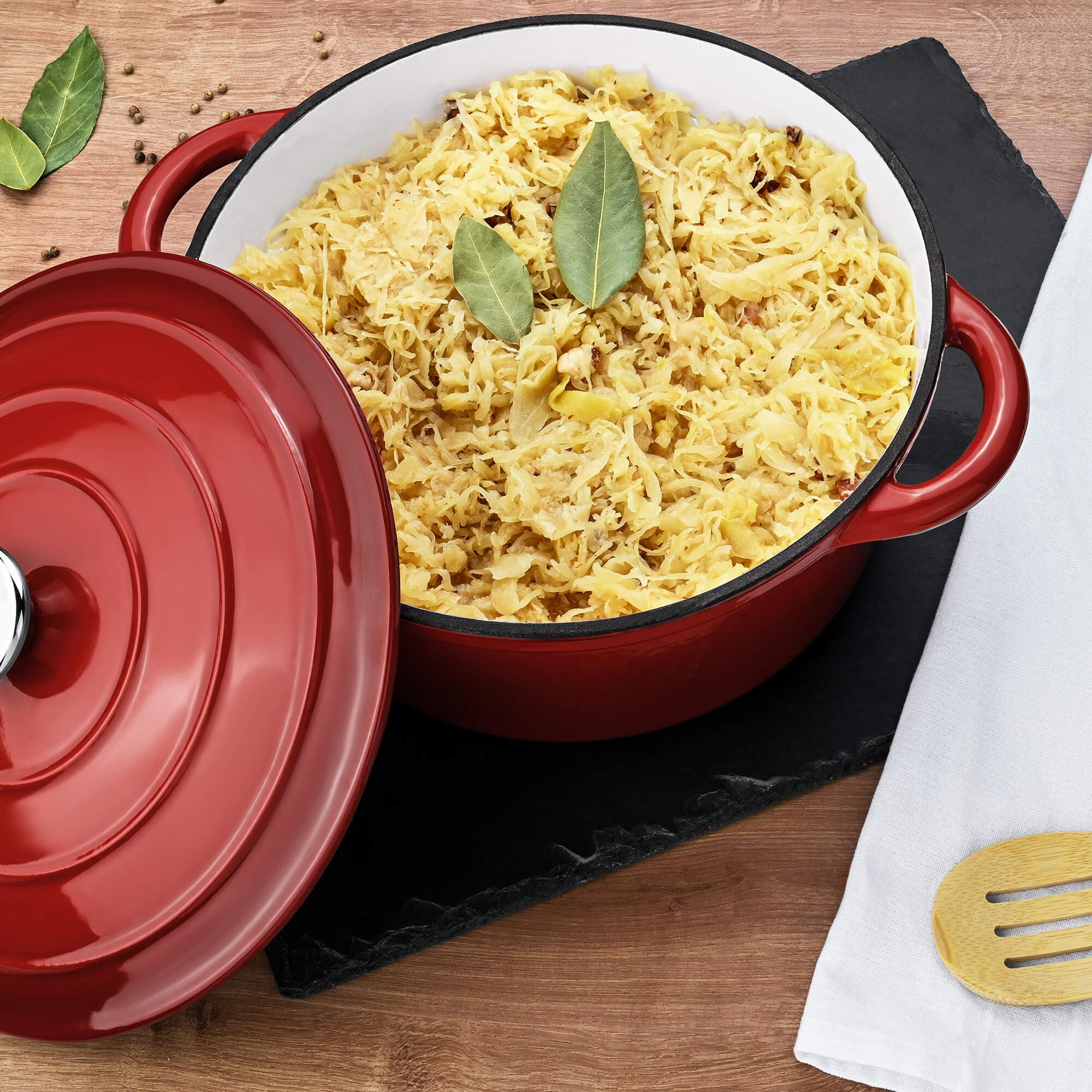 GRÄWE Gusseisentopf, Rot, Ø 26 cm, 4,5 L, 11,5 cm hoch, Schmortopf, Bräter, mit Deckel, Bratentopf, Brottopf, Brotbacktopf, Kochtopf, Emaille-Topf