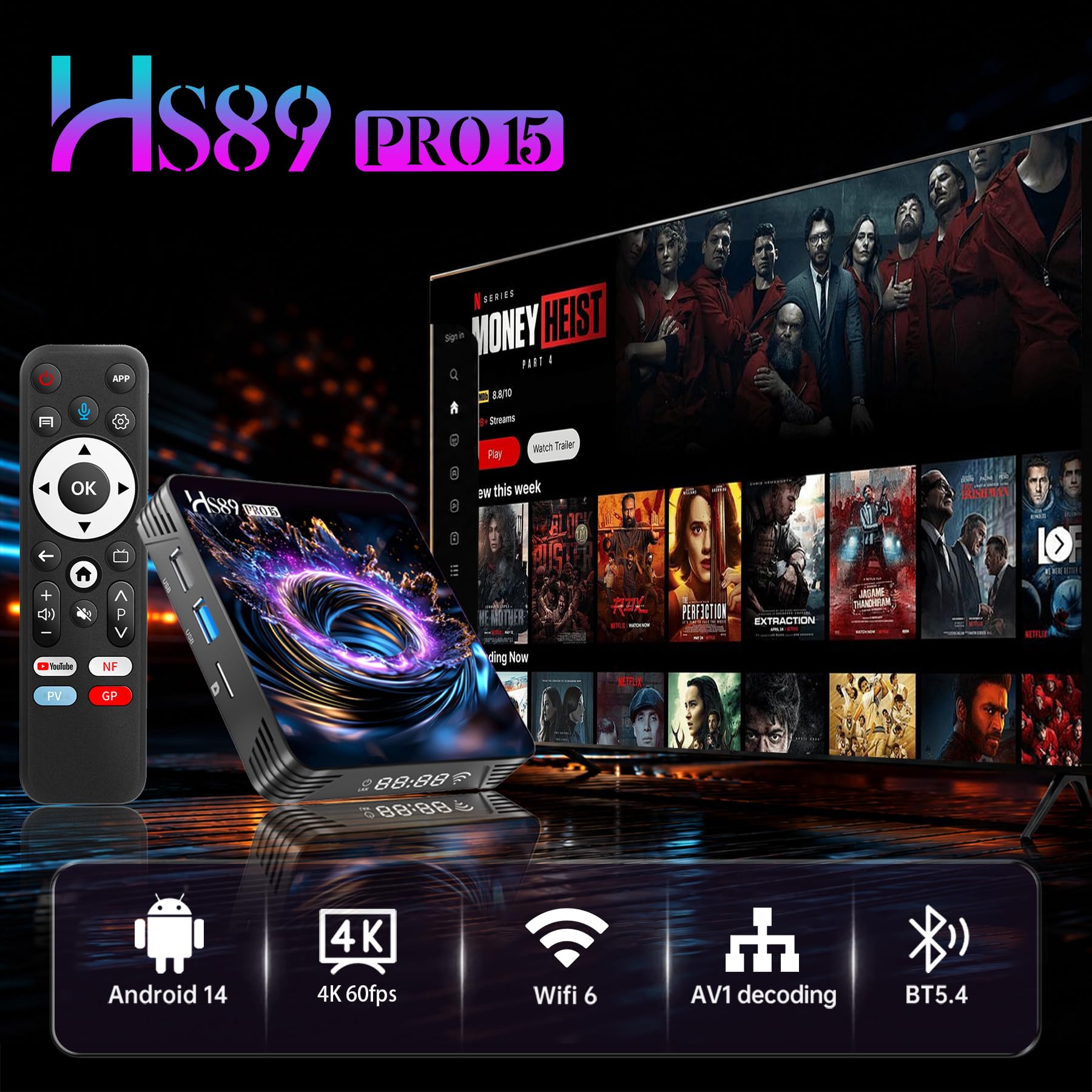 HS89 PRO15 TV Box Android 14.0 4K 8K HD Android Box 4GB 32GB RK3539 Quad-Core 64bit Wi-Fi 6 Dual Band 2.4G/5G 10/100M Ethernet Bluetooth 5.4 USB2.0 HDMI, Smart Client Streaming con Telecomando Vocale