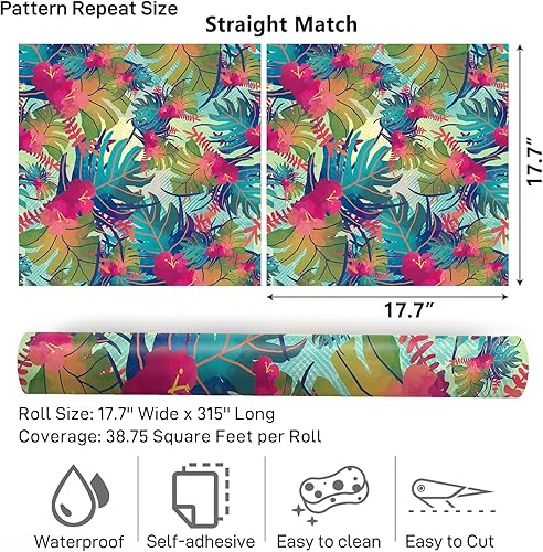 Miniatura 9 de VaryPaper Papel tapiz tropical de 17.7 x 315 pulgadas, papel tapiz floral de hojas, impermeable, decorativo, papel de contacto floral para paredes,