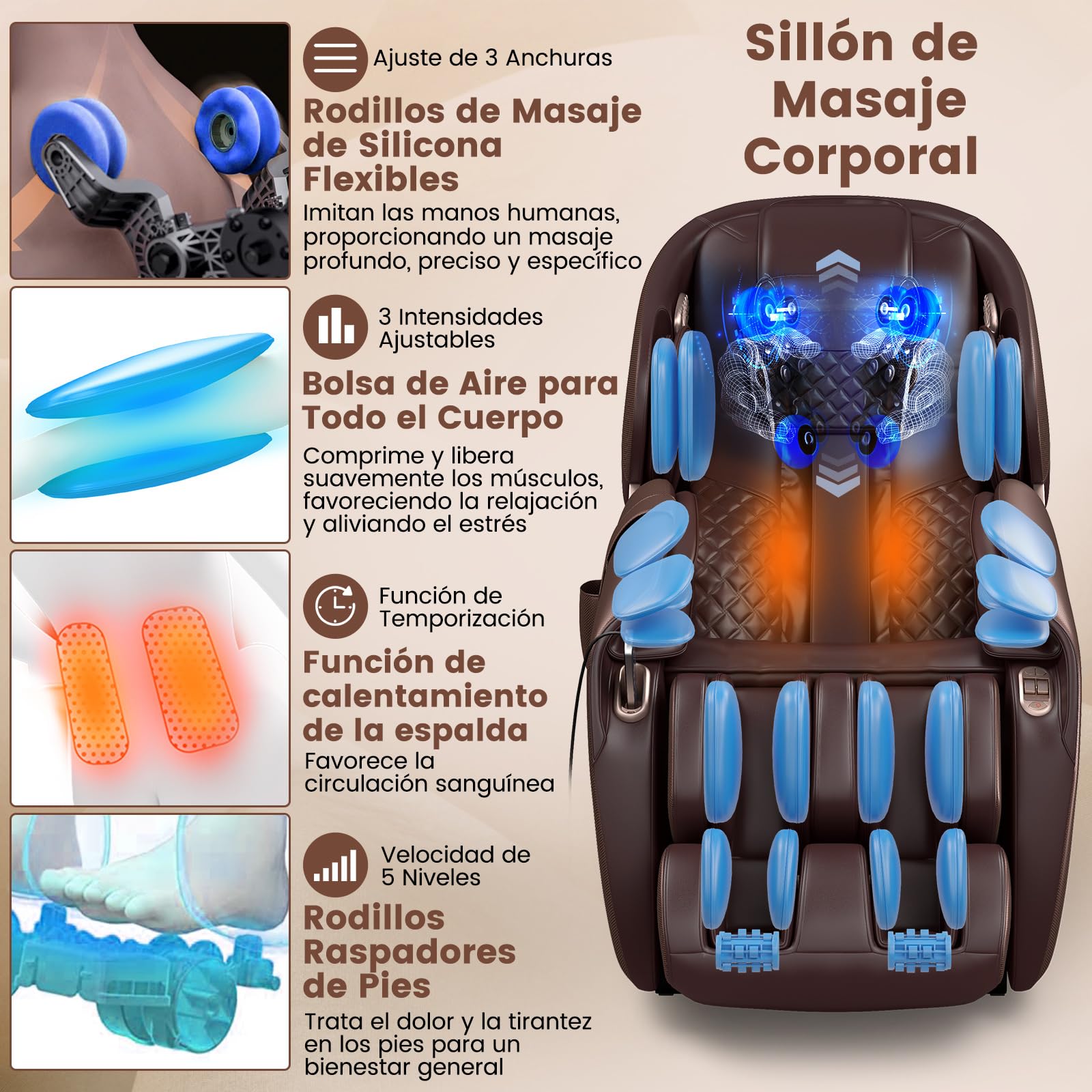 COSTWAY Sillón de Masaje de Cuerpo Completo, Silla Shiatsu Gravedad Cero con Sistema de Masaje de Aire y Calefacción Incorporado, Reclinable con Control de Voz y Altavoz Bluetooth (Marrón)