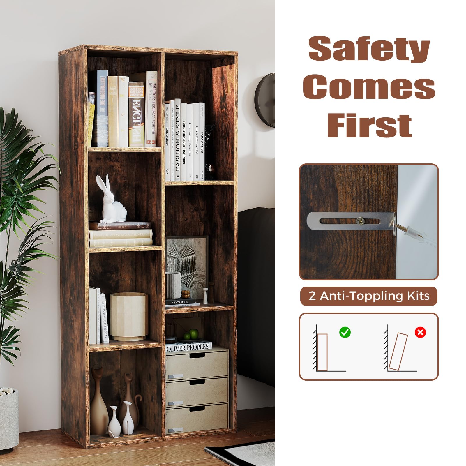 KOMFOTTEU Libreria Verticale con 8 Cubi, Mobile Contenitore in Legno, con 2 Dispositivi Antiribaltamento, Libreria Scaffale per Soggiorno, Camera da Letto, Ufficio, 49,5 x 23 x 106 cm (Marrone)