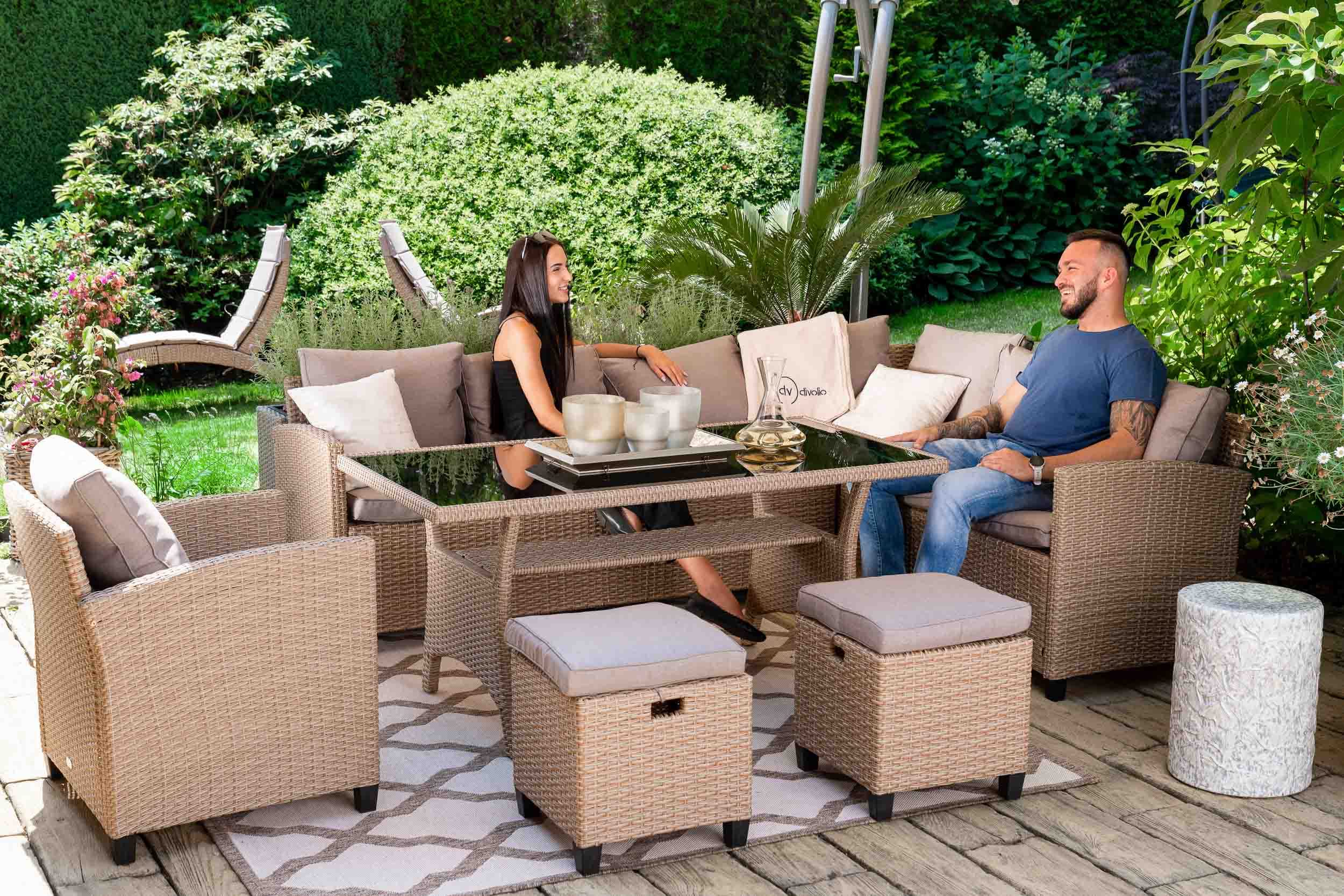 di volio Polyrattan Sitzgruppe Lounge Rossano – Gartenmöbel-Set für bis zu 9 Personen in Zwei Farbvarianten (beige)